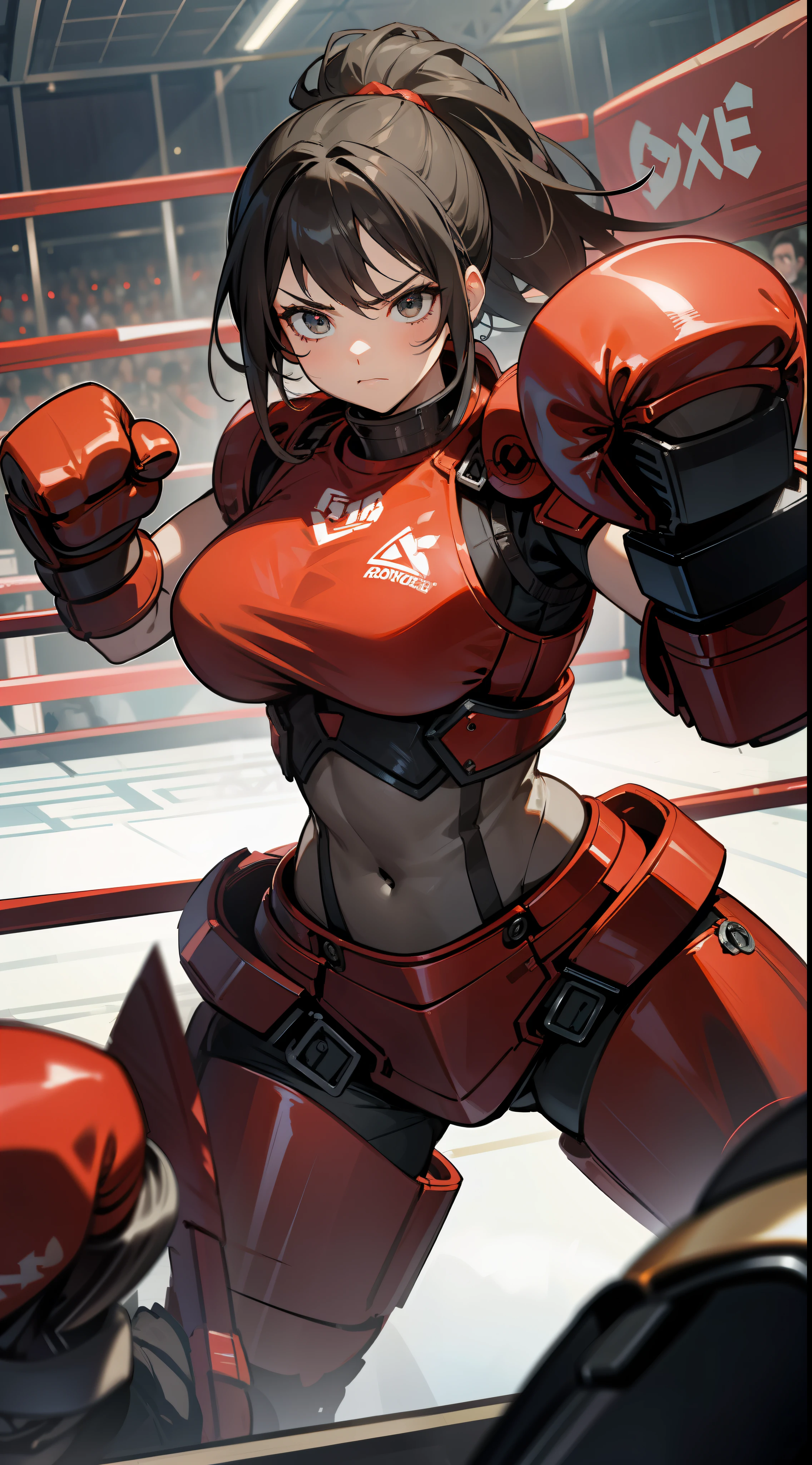 A woman in metallic boxing gloves, red and black armor, fighting pose, in a boxing ring surrounded by giant machines and robots