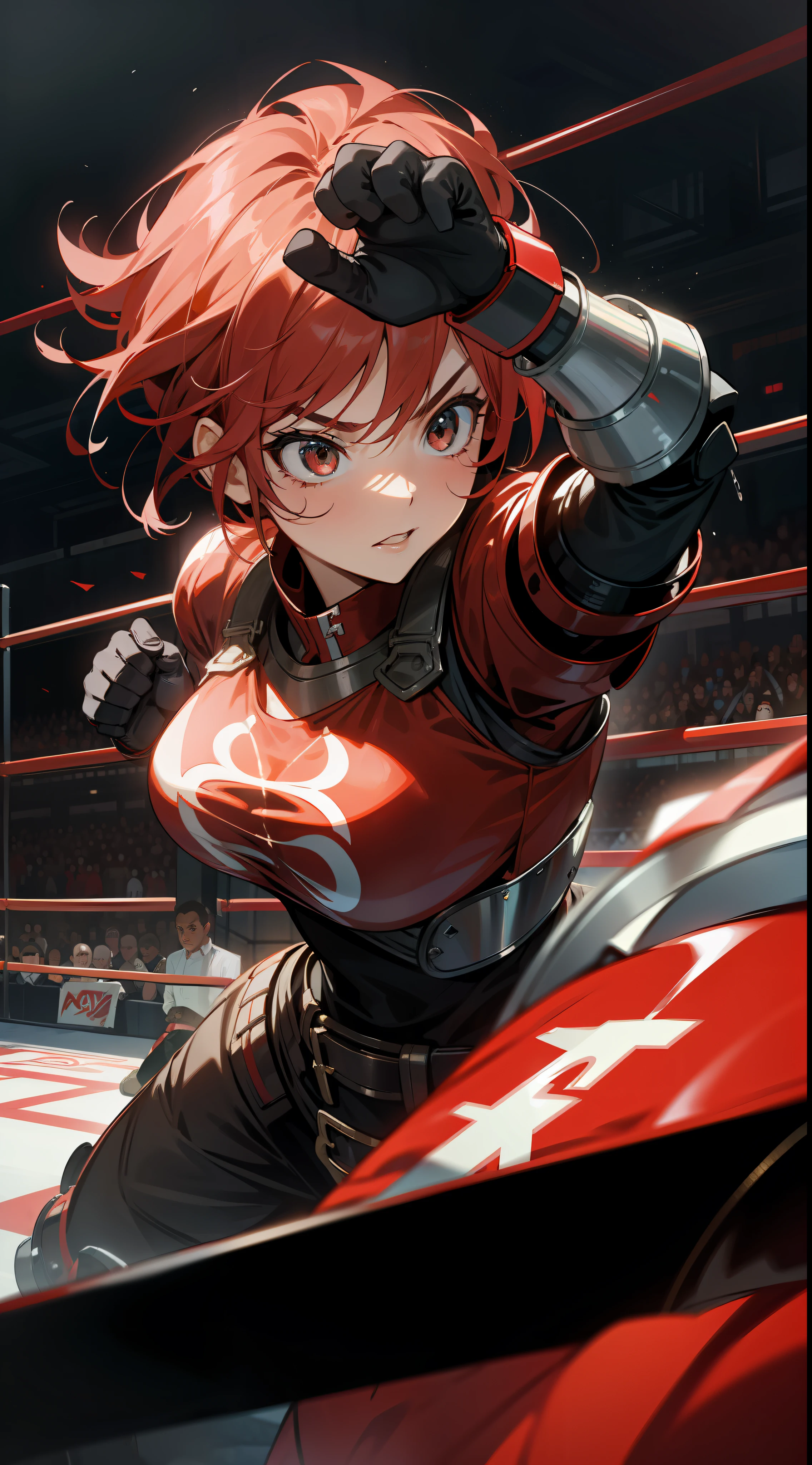 A woman in metallic boxing gloves, red and black armor, fighting pose, in a boxing ring surrounded by giant machines and robots