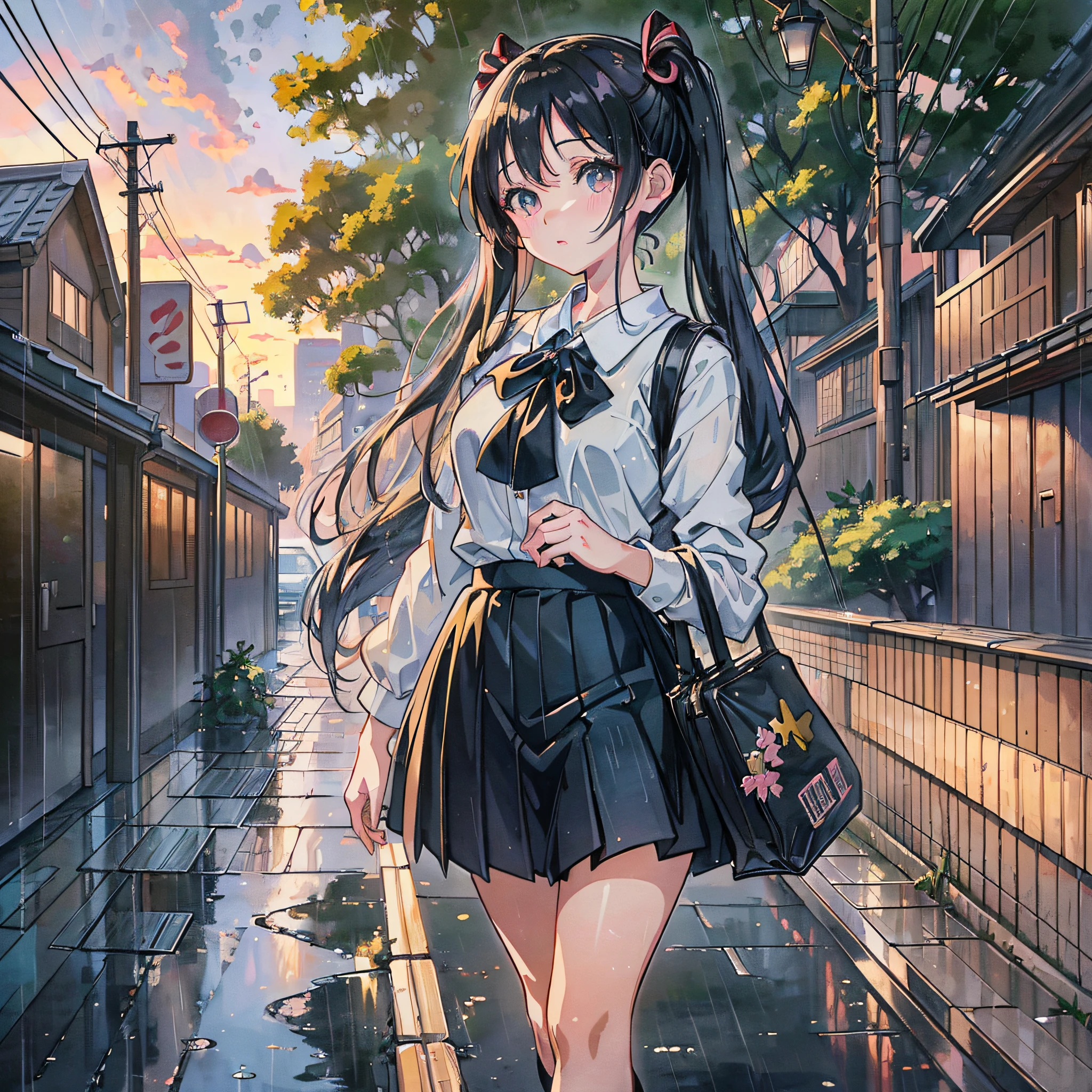 (Highly detailed 4K animation wallpaper, moe art style, anime girl walking in rainy alley, beautiful anime schoolgirl, anime style), (after rain and no girl in scene, cute anime girl visual, young anime girl, right after rain, fleet collection style, anime style illustration, anime girl, schoolgirl), white shirt、