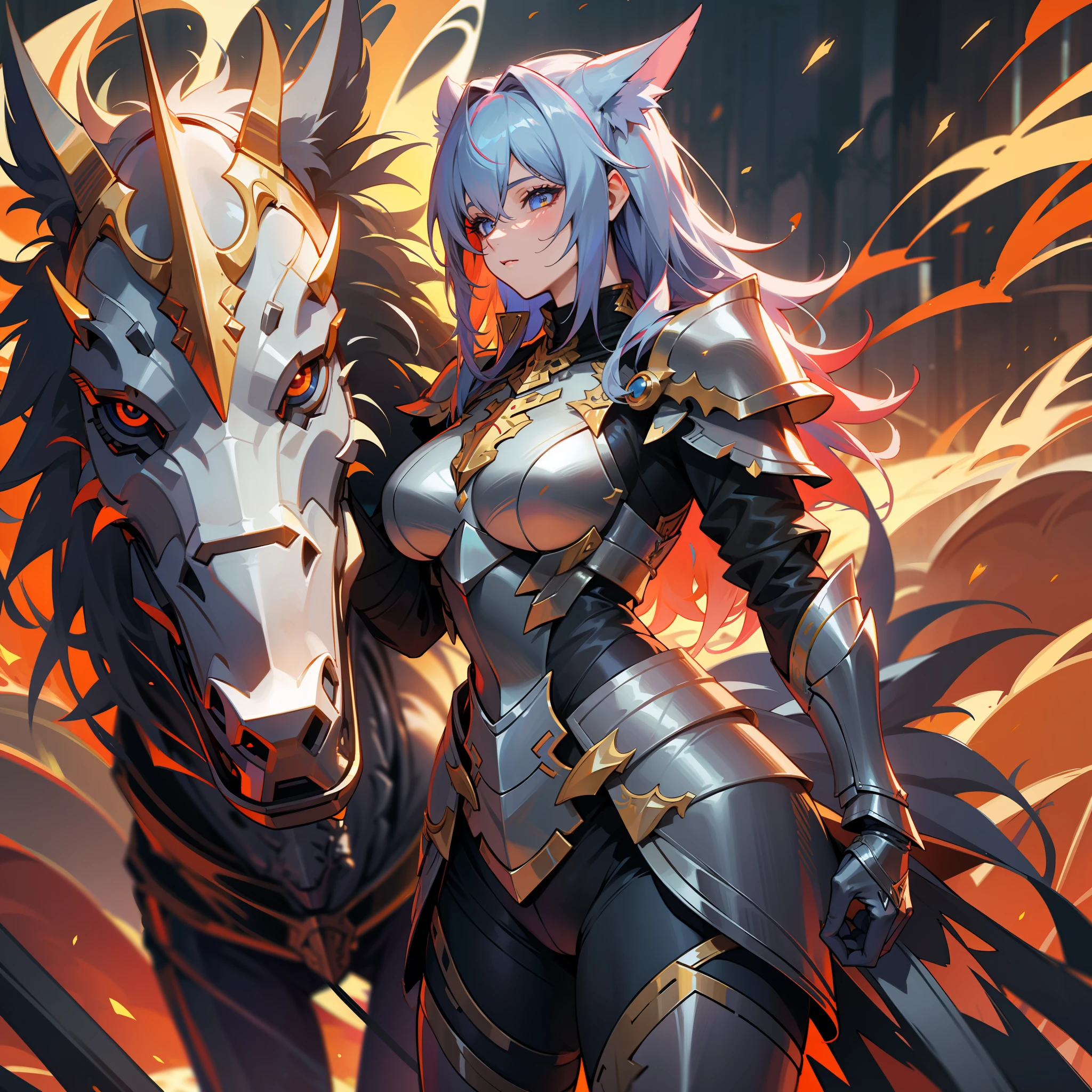 a woman, paladin, wildly colored hair, dark fantasy, detailed colored armor, with a giant flaming colored wolf behind her