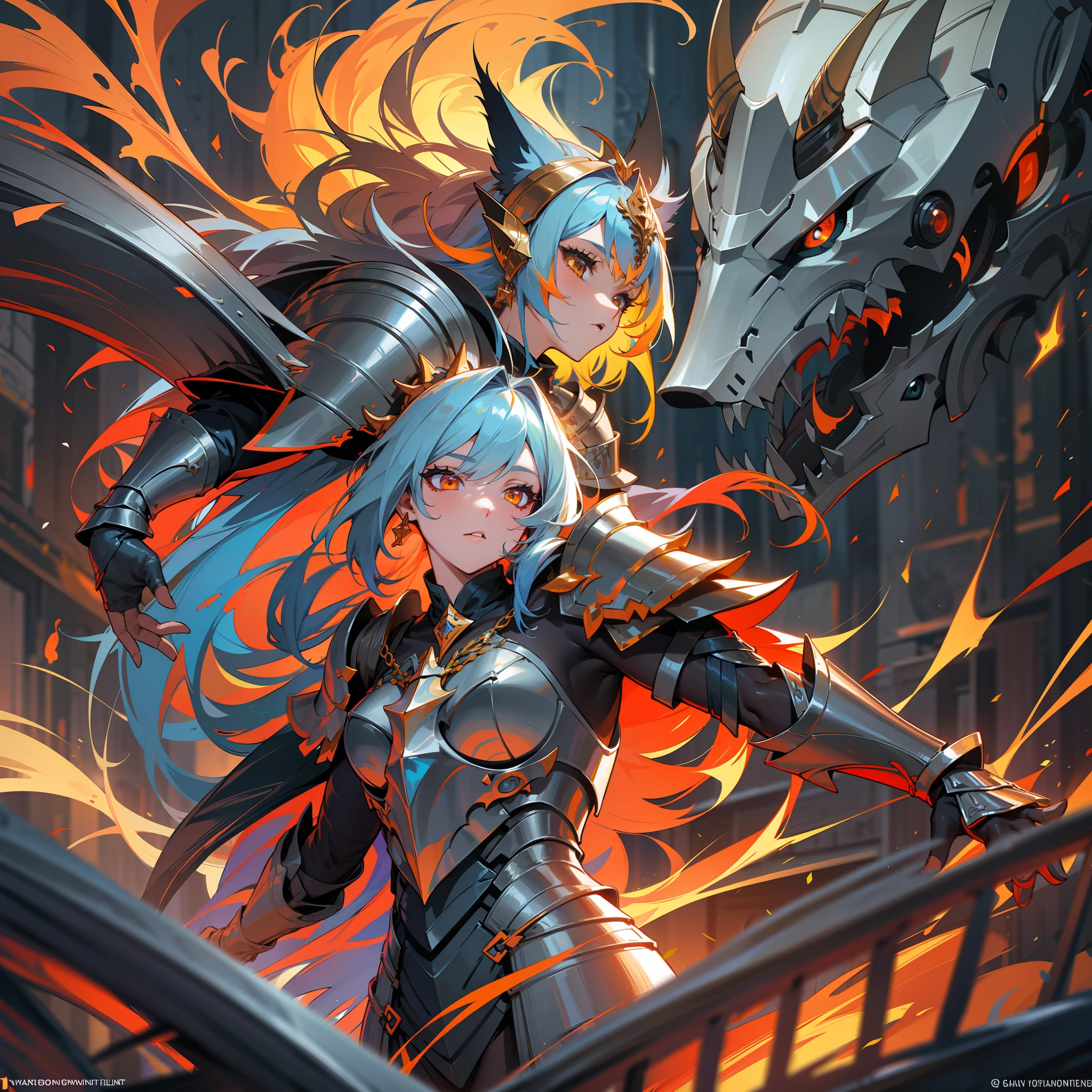 a woman, paladin, wildly colored hair, dark fantasy, detailed colored armor, with a giant flaming colored wolf behind her