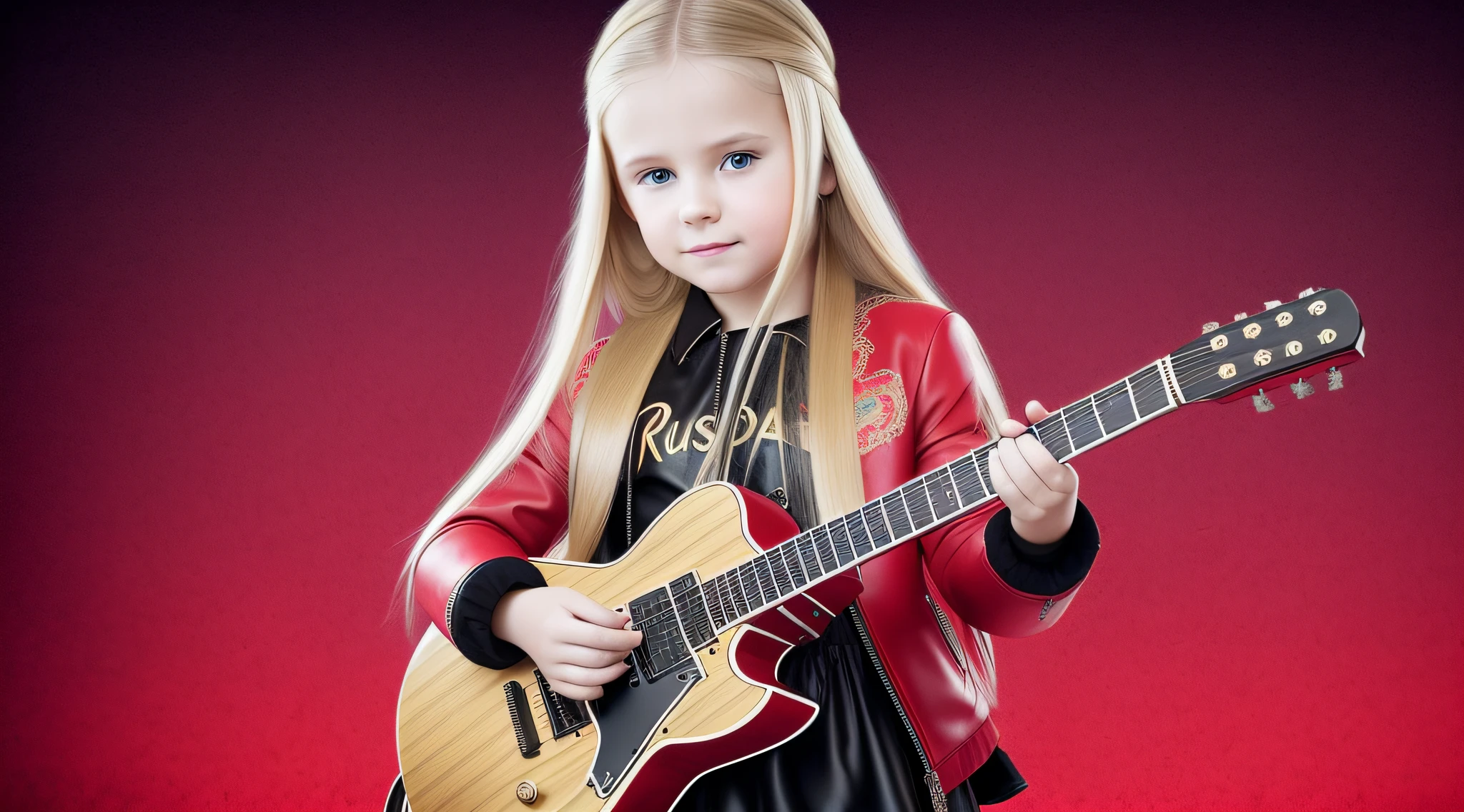 Russian style, girl , portrait, long blonde hair with red leather jacket and black clothing, background with amplifiers and guitars,. --auto --s2