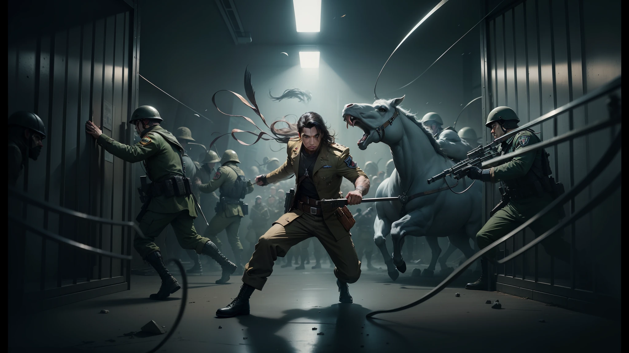 there is a man in a jail cell surrounded by soldiers, detailed conceptual photography, cgsociety 9, best of behance, behance favourite, 8k fine art photography, by Ejler Bille, by Christian W. Staudinger, by Daryush Shokof, detailed cinematic photography, creative photo manipulation, by Marcin Zaleski, david luong --auto --s2