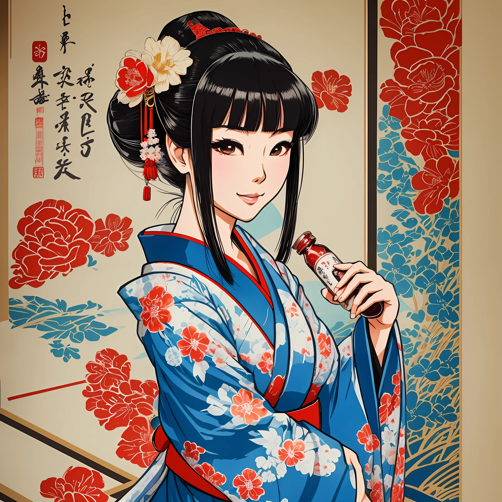 a label of an agraffa, like a sexy geisha, drinking sake, drunk and happy, holding a bottle in her hand, anime style, screen printing --auto --s2