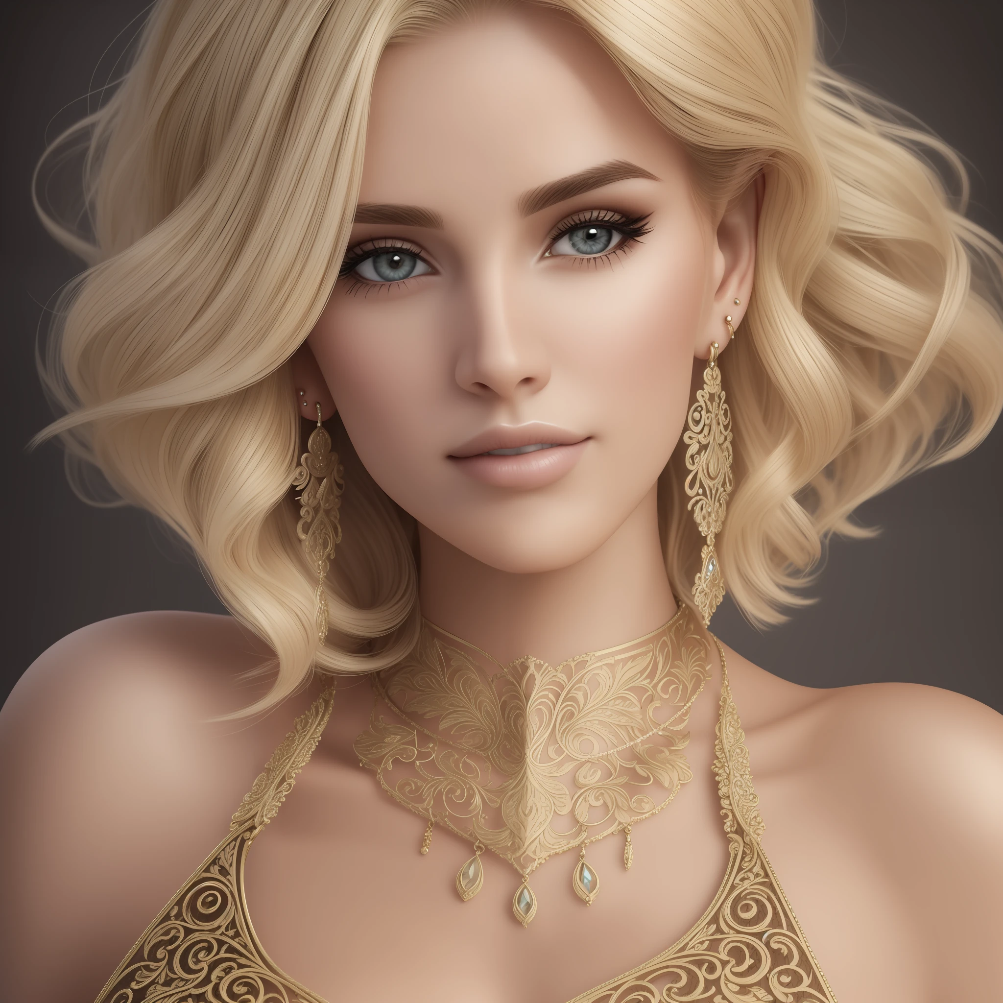 ((best quality)), ((ultra res)), ((photorealistic)), (intricate details), young woman with 25-year-old natural blonde hair, jewelry, earring, perfect face, realistic makeup details:1.5, light focusing on face, close-up face detail, NAD with short hair. --auto --s2