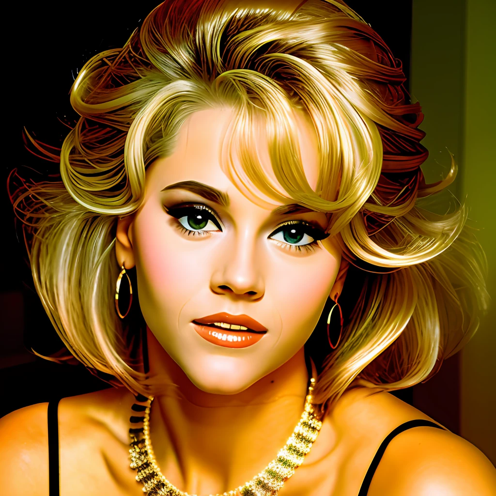 closeup photography, sexy JFlooking at viewer, blonde hair, make up, jewlery, realistic
