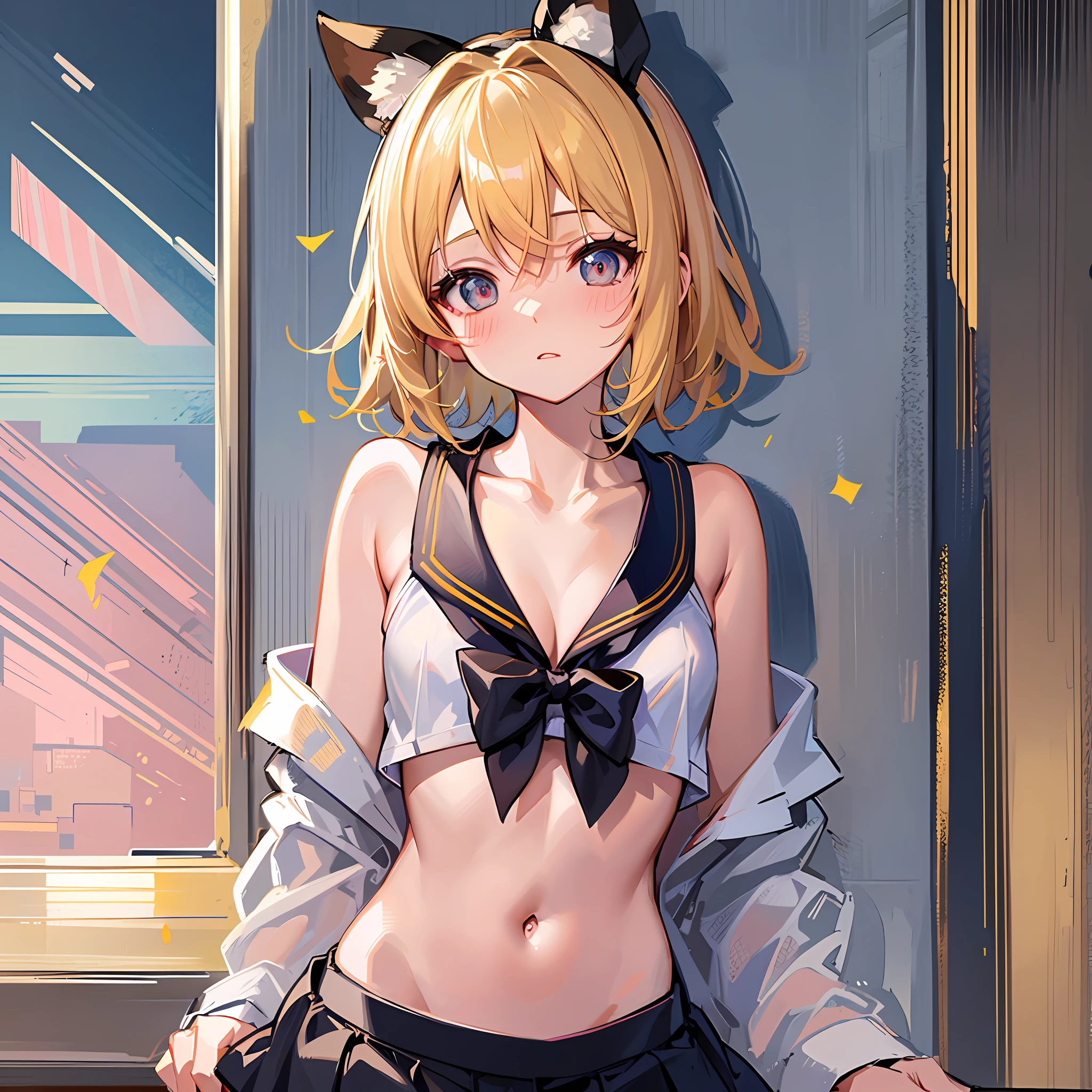 (Masterpiece), (Best Quality), (Illustration), (Super Detail), (High Resolution), One Girl, Kagamine Rin, No Bra, No Panty, Cleavage, (Small), Very Cute Girl, Blushing, Cute Loli, Short Hair, Junior High School Loli, Blonde, Innocent Face, Secondary Sex Characteristics, 1st Grade Junior High School, (Sailor Suit), Skirt, Navel Visible, Shoulders Visible, Still Young Body, Slender Body
