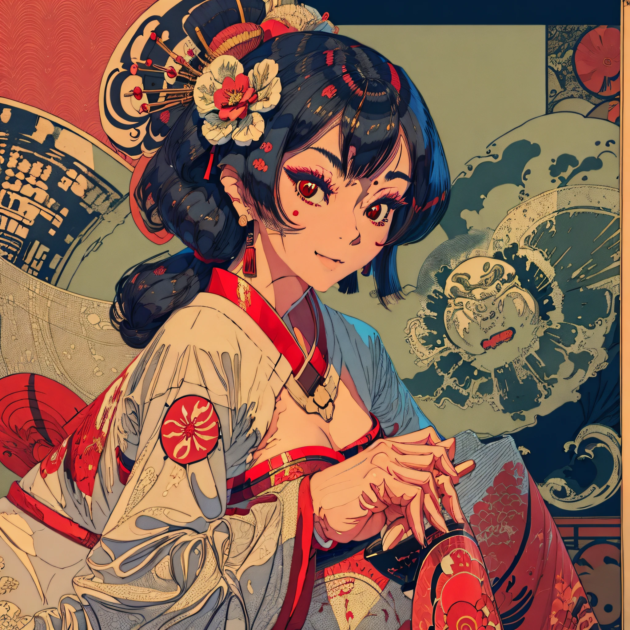 a sexy geisha drinking sake drunk and happy anime style, screen printing --auto --s2
