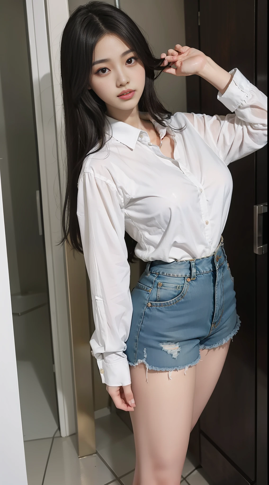 Araki woman in bathroom, sexy, white western shirt, sexy shirt, skinny, jeans, shorts, 2 2 years old, thicc, she is about 26 years old, height 170 cm, Korean, delicate face, realistic, Japanese goddess, very large breasts