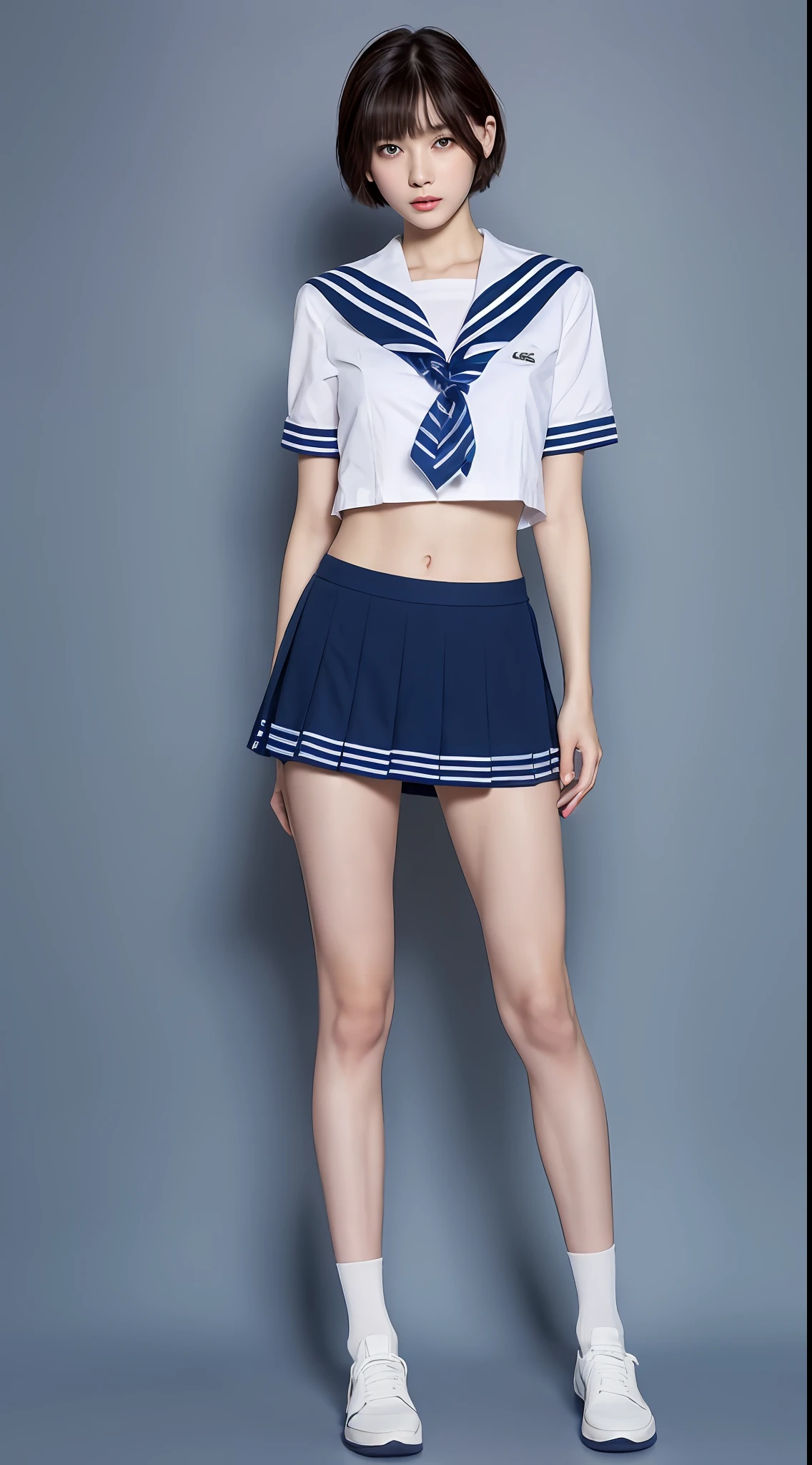 ((Top Quality, 8k, Masterpiece: 1.3)), 1 girl, Beauty with slender abs: 1.3, (Medium Short Hair, Big: 1.2), Sailor Suit: 1.1, Ultra Detailed Face, Detailed Eyes, Double Eyelids, Black Pleated Skirt, Full Body, Navel, Beautiful Legs, Thighs