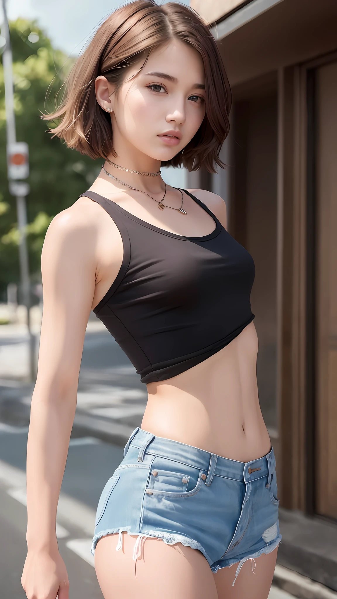 ((medium breast, tomboy girls, small head)), daylight, sunlight, (chiseled abs : 1.1), (perfect body : 1.1), (short wavy hair : 1.2) , auburn hair, collar, chain, full body shot, crowded street, wearing black tanktop, jeans jacket, ((shorts)), (extremely detailed CG 8k wallpaper), (an extremely delicate and beautiful), (masterpiece), (best quality:1.0), (ultra highres:1.0),  beautiful lighting ,perfect lightning, realistic shadows, [highres], detailed skin, ultra-detailed