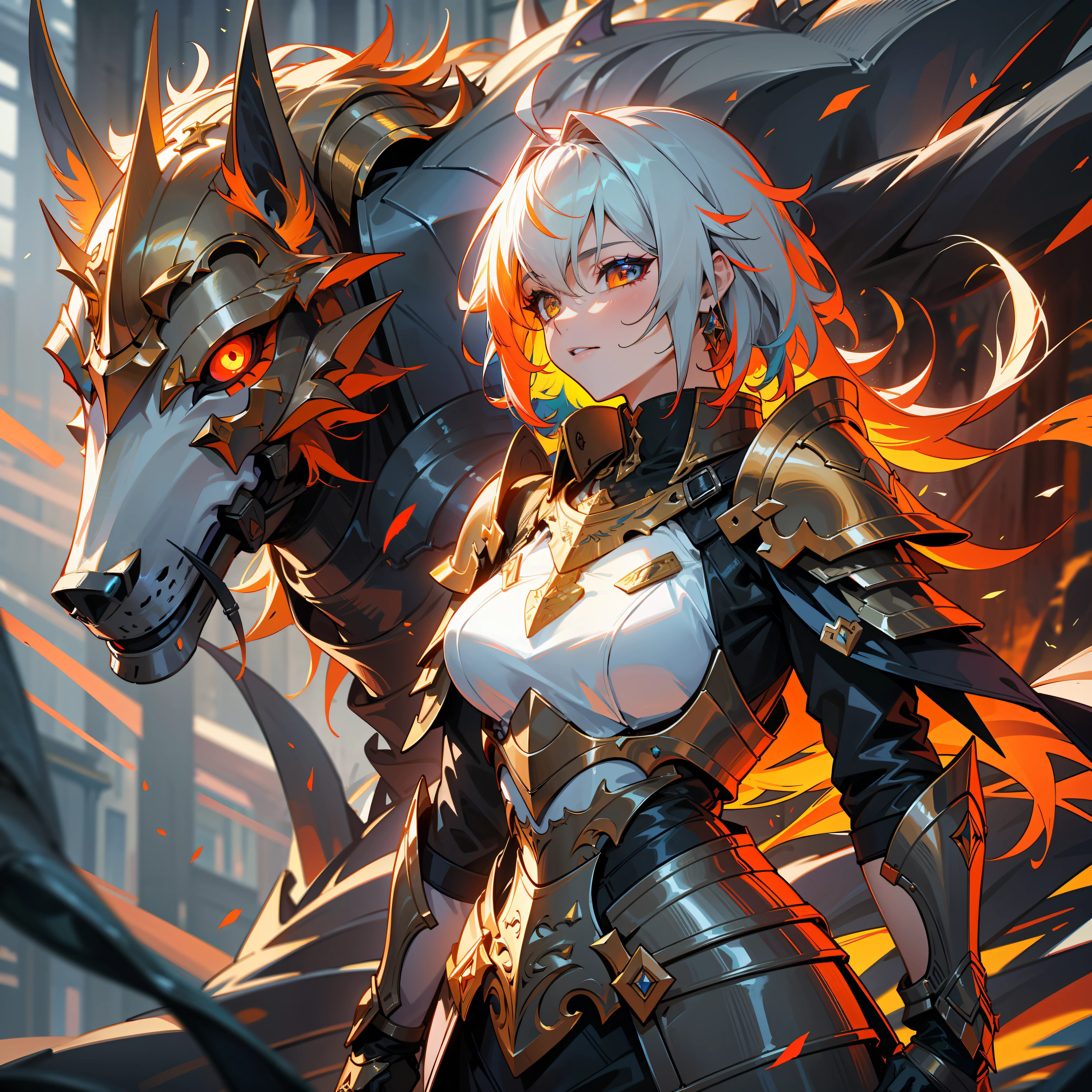 a woman, paladin, wildly colored hair, dark fantasy, detailed colored armor, with a giant flaming colored wolf behind her