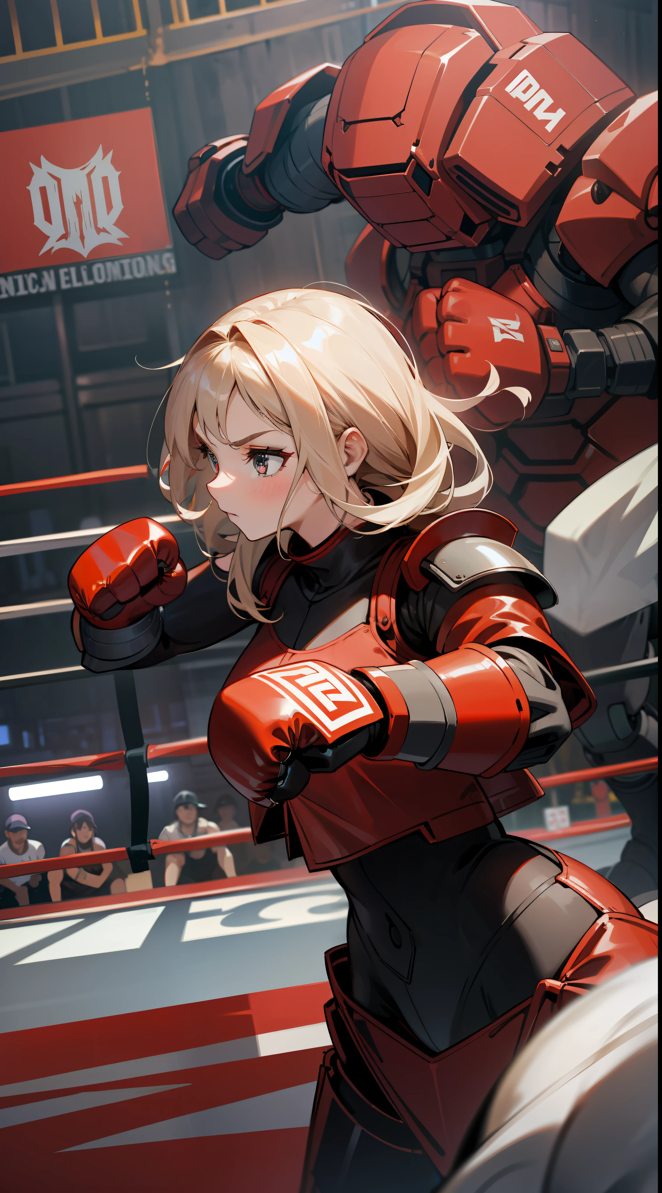 A woman in metallic boxing gloves, red and black armor, fighting pose, in a boxing ring surrounded by giant machines and robots