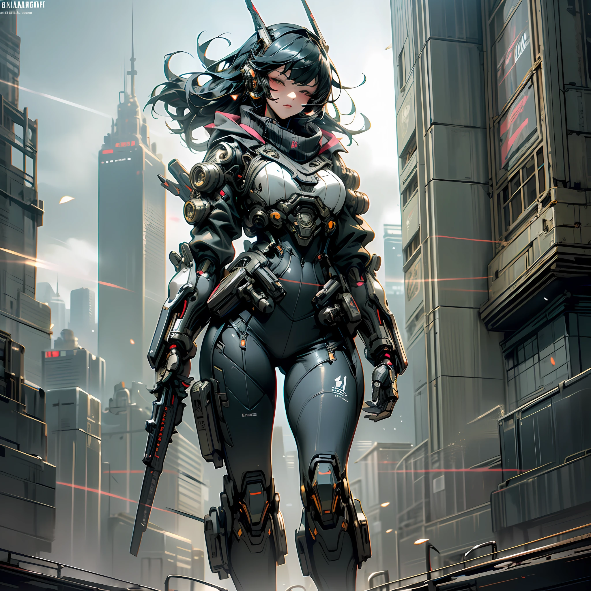 Dark_Fantasy,Cyberpunk, (Best quality, Masterpiece),1girl, cyberpunk,Mechanical marvel,Robotic presence,Cybernetic guardian,wearing a cybernetic trenchcoat,facing forward, dynamic lighting, dynamic camera angle,city, highest quality digital art, Stunning art, wallpaper 4k, highly detailed,full body,holding a revolver