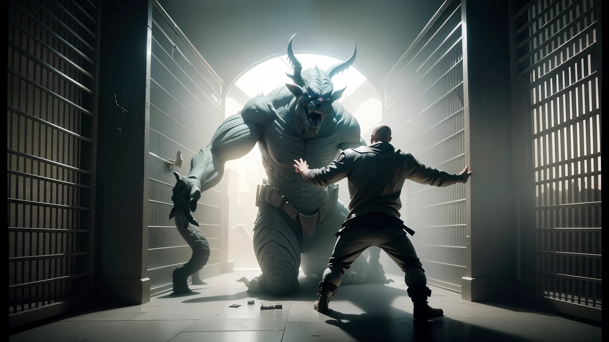 they are in a jail cell with a giant creature in the background, cgi clay sculpture, die antwoord music video, still from a music video, vfx, highly detailed surreal vfx, japanese vfx, cgi special effects, bigstudiovfx, weta studios, vfx art, cgi art, still frame from a movie, highly detailed vfx scene, big video statues --auto --s2