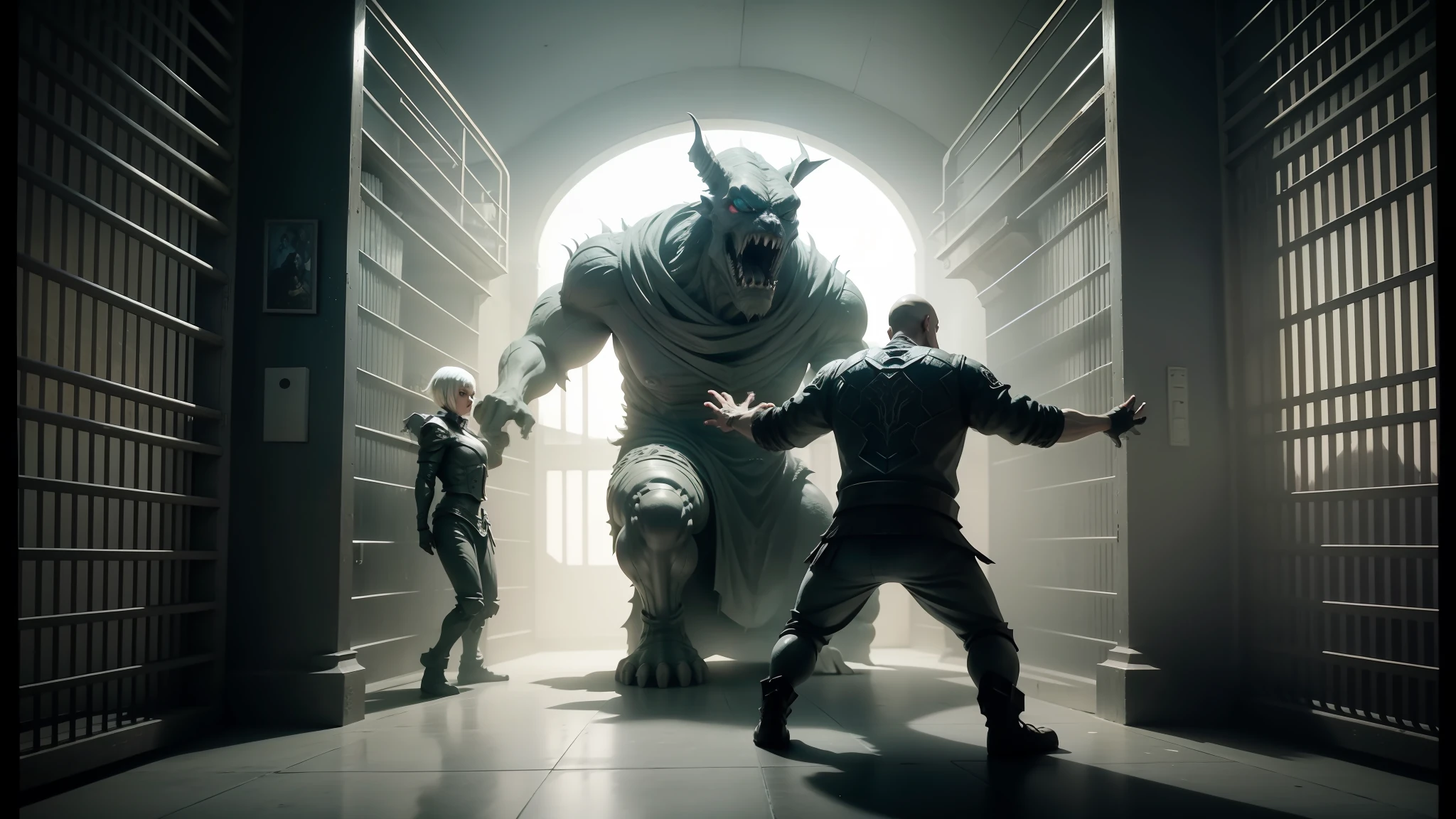 they are in a jail cell with a giant creature in the background, cgi clay sculpture, die antwoord music video, still from a music video, vfx, highly detailed surreal vfx, japanese vfx, cgi special effects, bigstudiovfx, weta studios, vfx art, cgi art, still frame from a movie, highly detailed vfx scene, big video statues --auto --s2