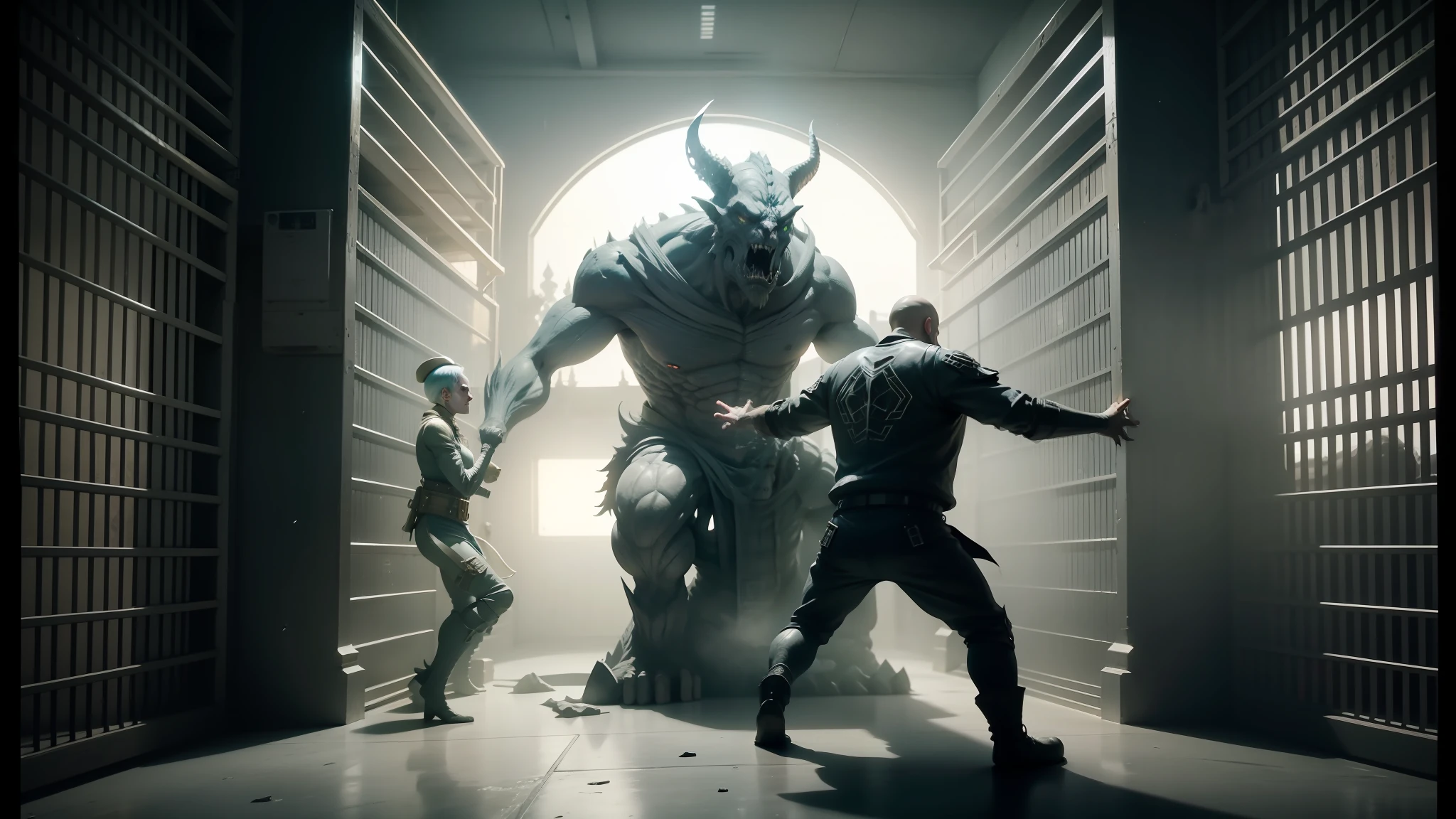 they are in a jail cell with a giant creature in the background, cgi clay sculpture, die antwoord music video, still from a music video, vfx, highly detailed surreal vfx, japanese vfx, cgi special effects, bigstudiovfx, weta studios, vfx art, cgi art, still frame from a movie, highly detailed vfx scene, big video statues --auto --s2