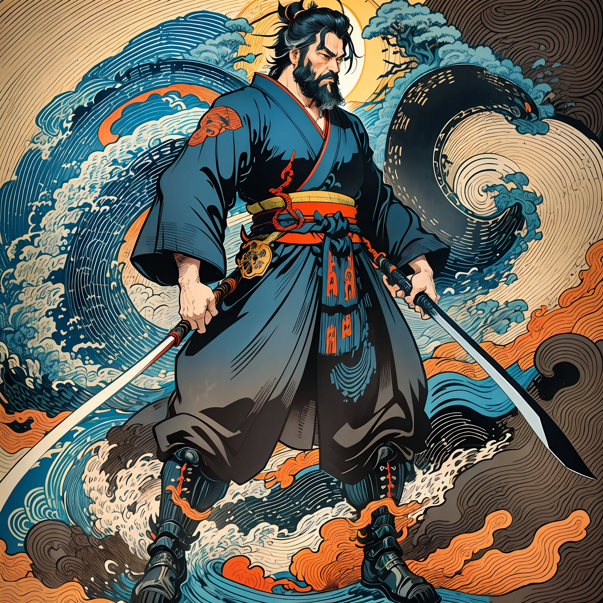 It is a full-body painting with natural colors with Katsushika Hokusai-style line drawings. The swordsman Miyamoto Musashi has a big body like a strongman. Samurai of Japan. He has a dignified yet manly expression of determination, short black hair, and a short, trimmed beard. His upper body is covered in a black kimono and his hakama is knee-long. In his right hand he holds a Japan sword. In the highest quality, in the high-resolution ukiyo-e style lightning and swirling flames of the masterpiece. Miyamoto Musashi stands with his face and body facing forward, his back straight.