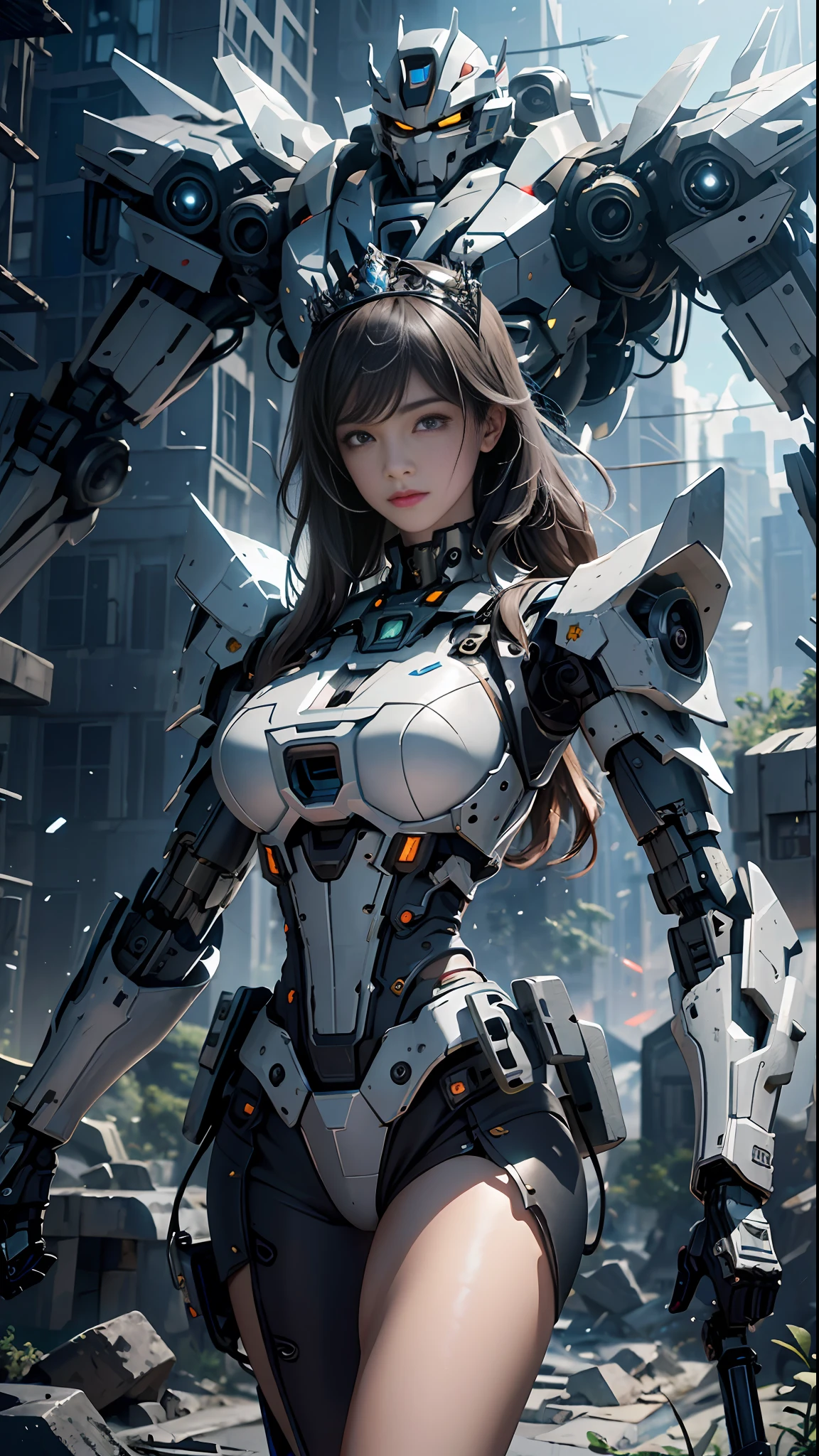 ((Best Quality)), ((Masterpiece)), (Very Detailed: 1.3), 3D, Shitu-mecha, Beautiful cyberpunk woman wearing crown with her mecha in ruins of a city in forgotten war, long silver hair, sci-fi technology, HDR (High Dynamic Range), ray tracing, nvidia RTX, super resolution, unreal 5, subsurface scattering, PBR texture, post-processing, anisotropic filtering, depth of field, maximum sharpness and sharpness, multi-layered texture, Albedo and specular mapping, surface shading, accurate simulation of light-material interactions, perfect ratios, octane rendering, duotone lighting, low ISO, white balance, rule of thirds, wide aperture, 8K RAW, high efficiency sub-pixels, subpixel convolution, luminous particles, light scattering, Tyndall effect