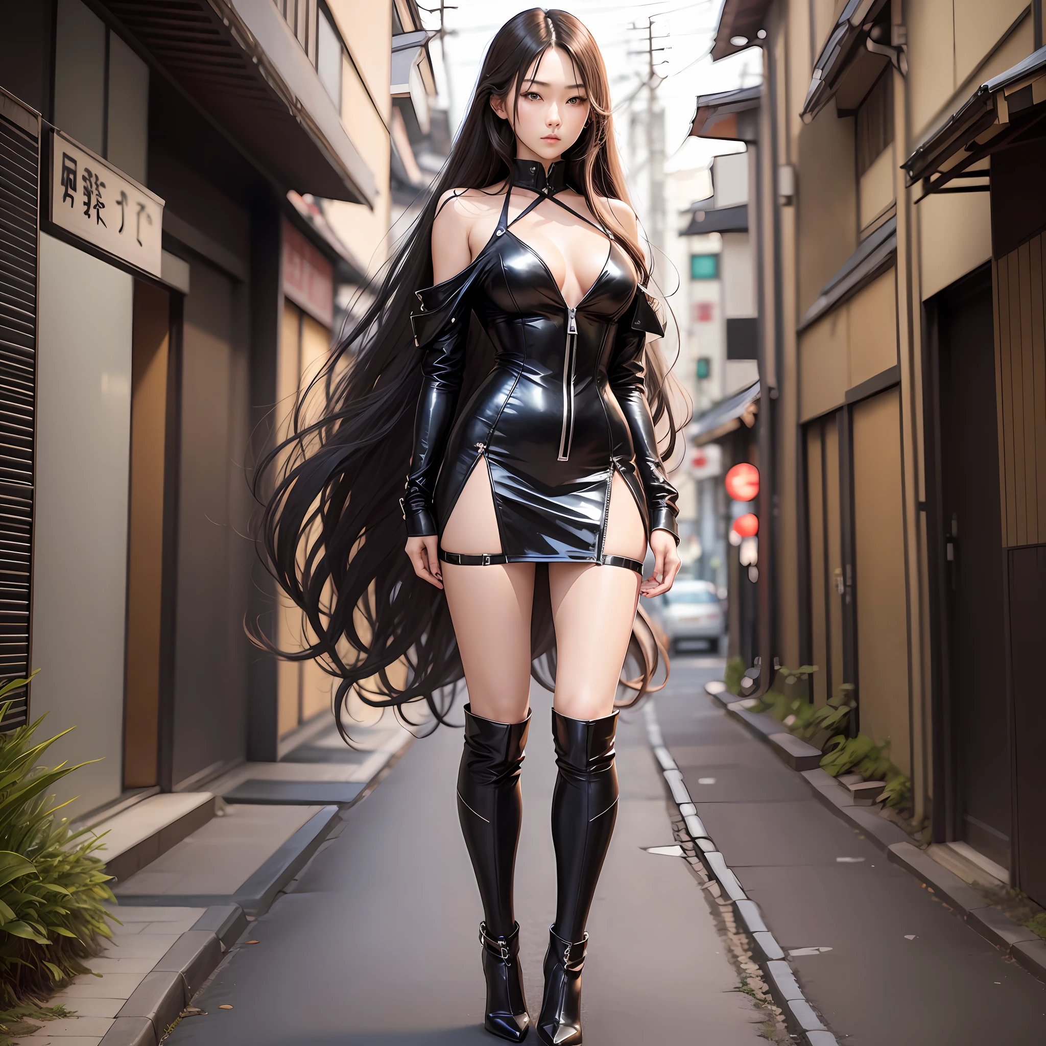 People Japan tall Good style Slender Chest is normal Black rider suit Full body with zipper open at chest Long hair Hair tips are wavy Hanakiyo Shirakawa Black high heels Right hand on hip Left hand is natural Legs are wider than shoulder width Hair brown Long hair --auto --s2