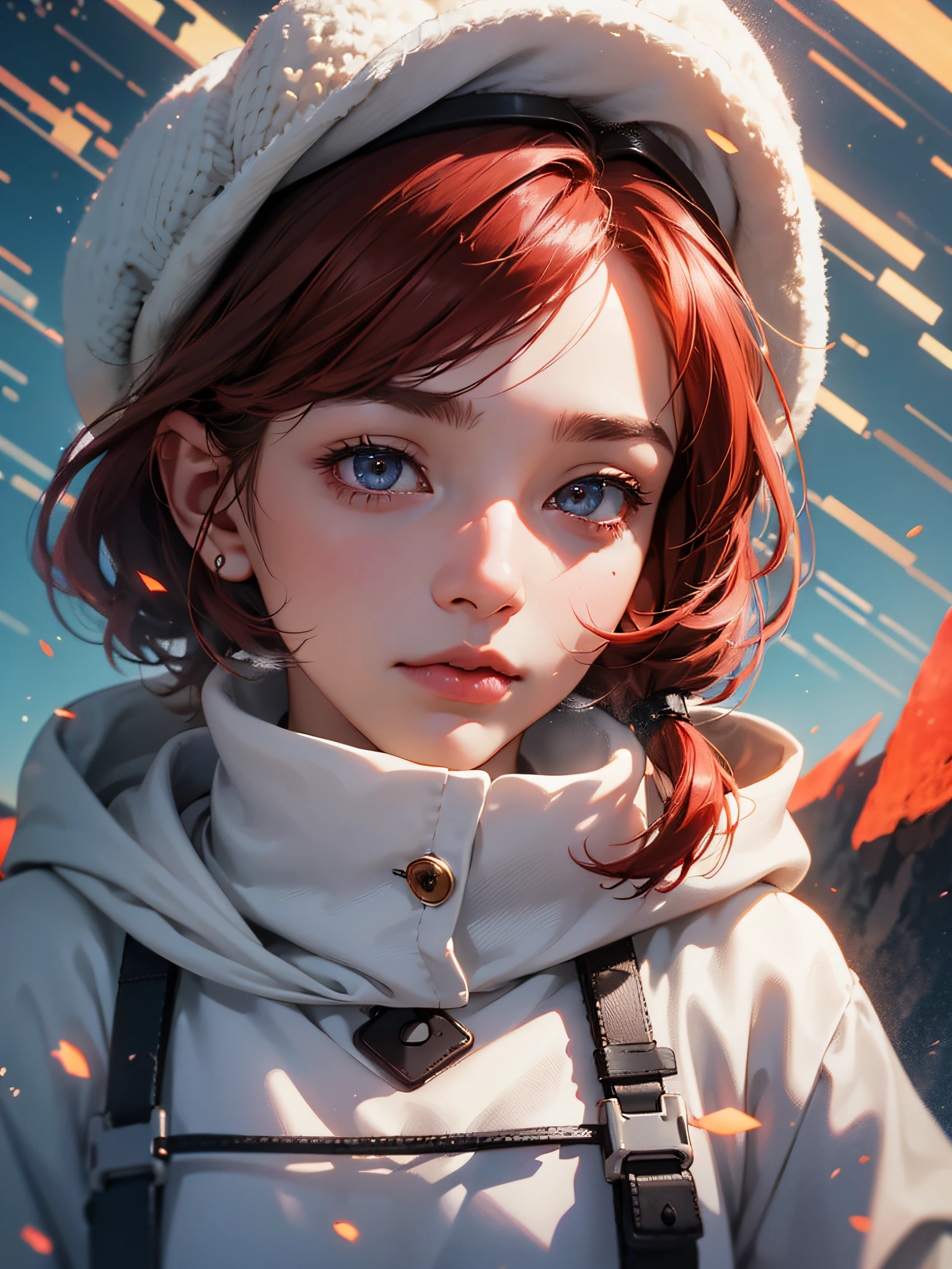  girl, mountain, wearing a white brown coat and cap, 5 years, ethyl anime, red hair, realistic, 8k, unreal engine 5, wind particles, 3D, (extremely complex), close-up, cinematic light, ultra high resolution, best shadow, upper shoulder --auto --s2