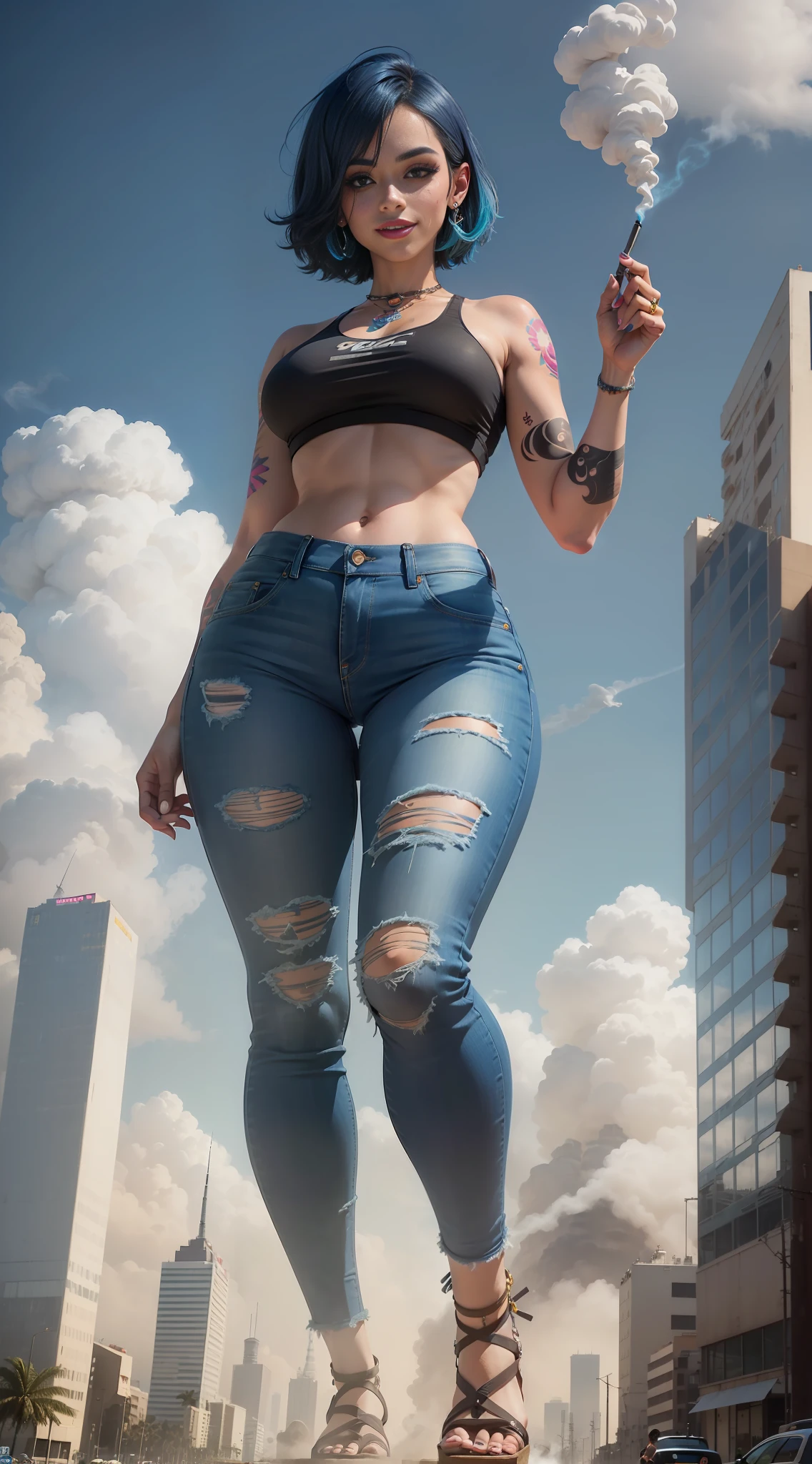 giant art, giant, crop top, jeans, hands raised, runied, city of brazil,destruction, short hair of blue color, bob cut, smoke, (((Towering over you)))), (full body), feminist, LGBT, colorful tattoos, hawaiian, heavy makeup, piercing, smiling, smoking cigarette, tanning, 500 meters high, low angle, bottom, raised foot