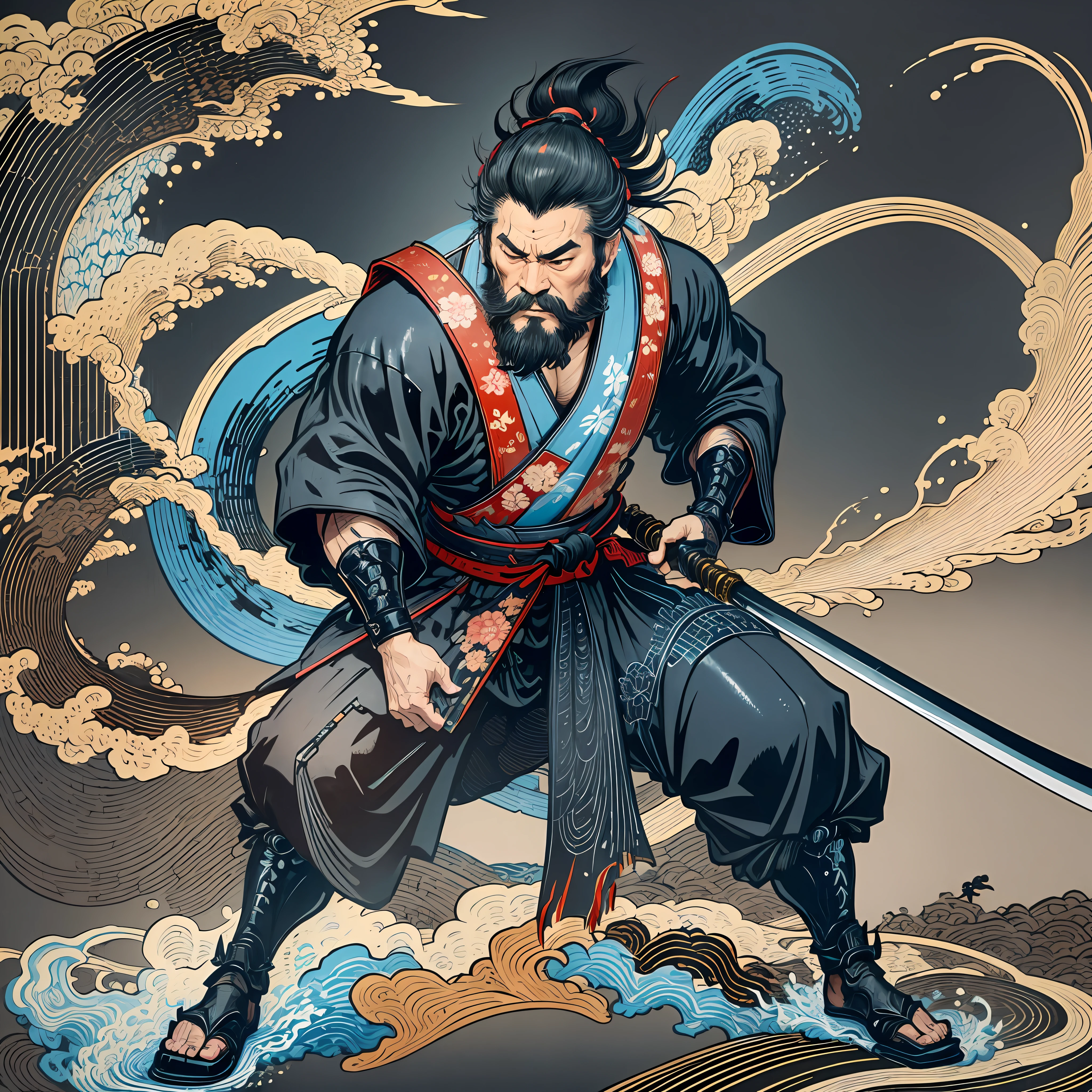 It is a full-body painting with natural colors with Katsushika Hokusai-style line drawings. The swordsman Miyamoto Musashi has a big body like a strongman. Samurai of Japan. He has a dignified yet manly expression of determination, short black hair, and a short, trimmed beard. His upper body is covered in a black kimono and his hakama is knee-long. In his right hand he holds a Japan sword. In the highest quality, in the high-resolution ukiyo-e style lightning and swirling flames of the masterpiece. Miyamoto Musashi stands with his face and body facing forward, his back straight.