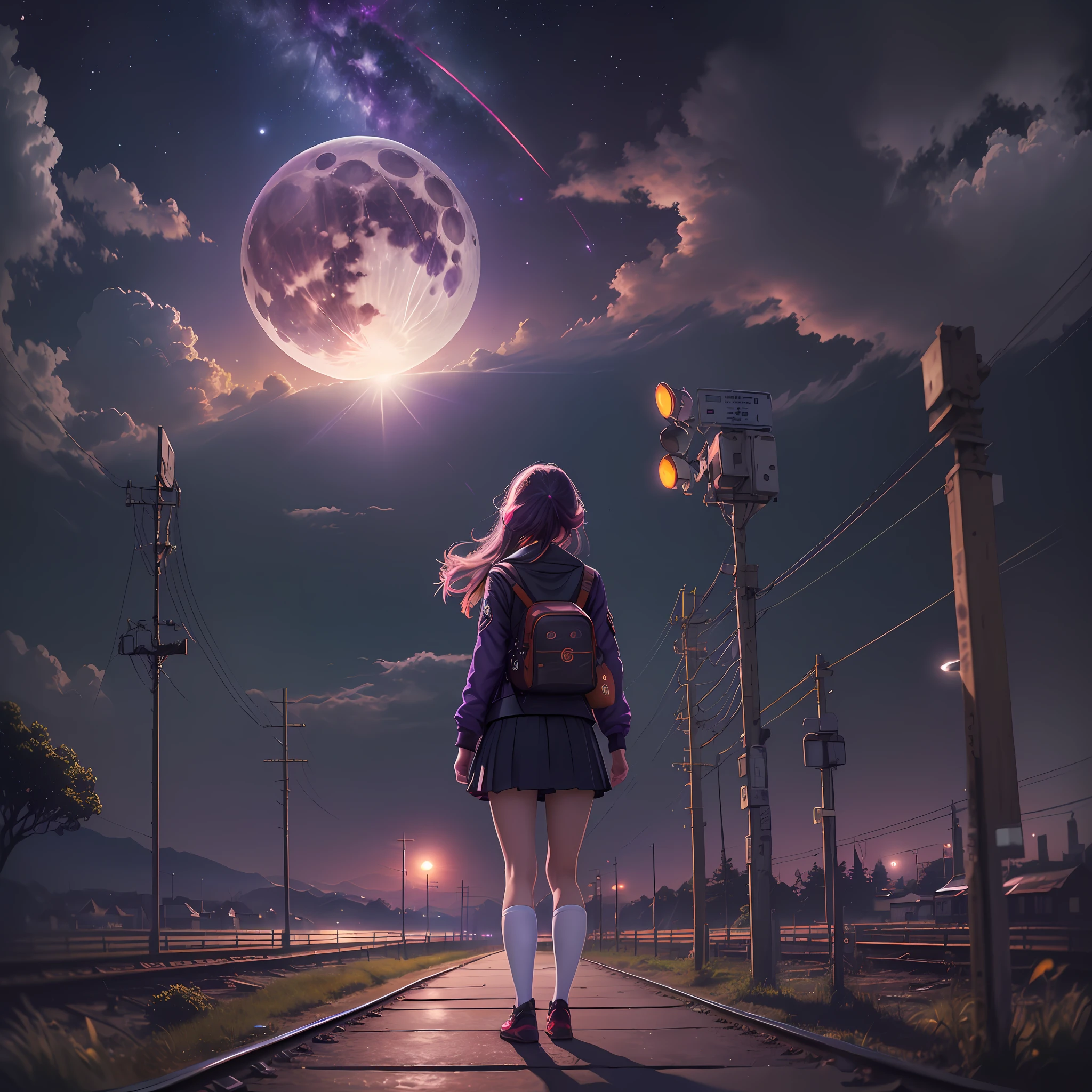 sentimental, sad atmosphere, nostalgic landscape, night view, vast landscape photo, Japan countryside, distant townscape, (((girl standing on the platform of an unmanned station)), school uniform, looking up at the sky, (full moon: 1.2),(meteor: 0.9),(nebula: 1.3), light of distant city, break craft art, lights, lots of purple and orange, intricate details, voluminous lighting, Realism BREAK, (1.2), (Best Quality), 4k, Ultra Detail, (Dynamic Composition: 1.4), Very Detail, Colorful Details, (Rainbow Color: 1.2), (Glow Lighting, Atmospheric Lighting), Magic hour,1girl, (Solo: 1.2), (((Fisheye))