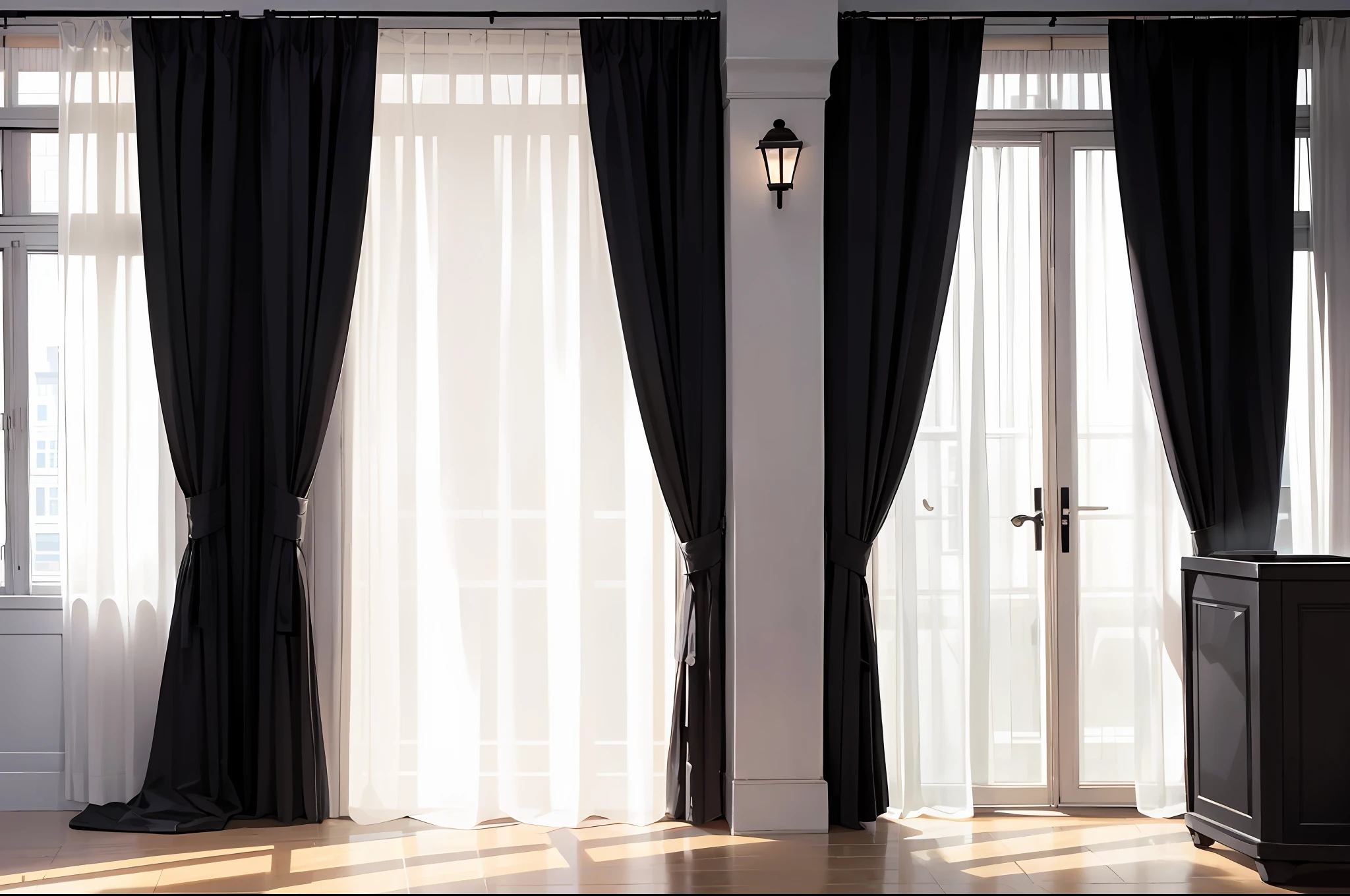 Indoor, windows, curtains, closed curtains, black curtains, closed curtains, high resolution, ultra hd, trash can next to alley, high detail, ccurate, super detail, high quality, 4K