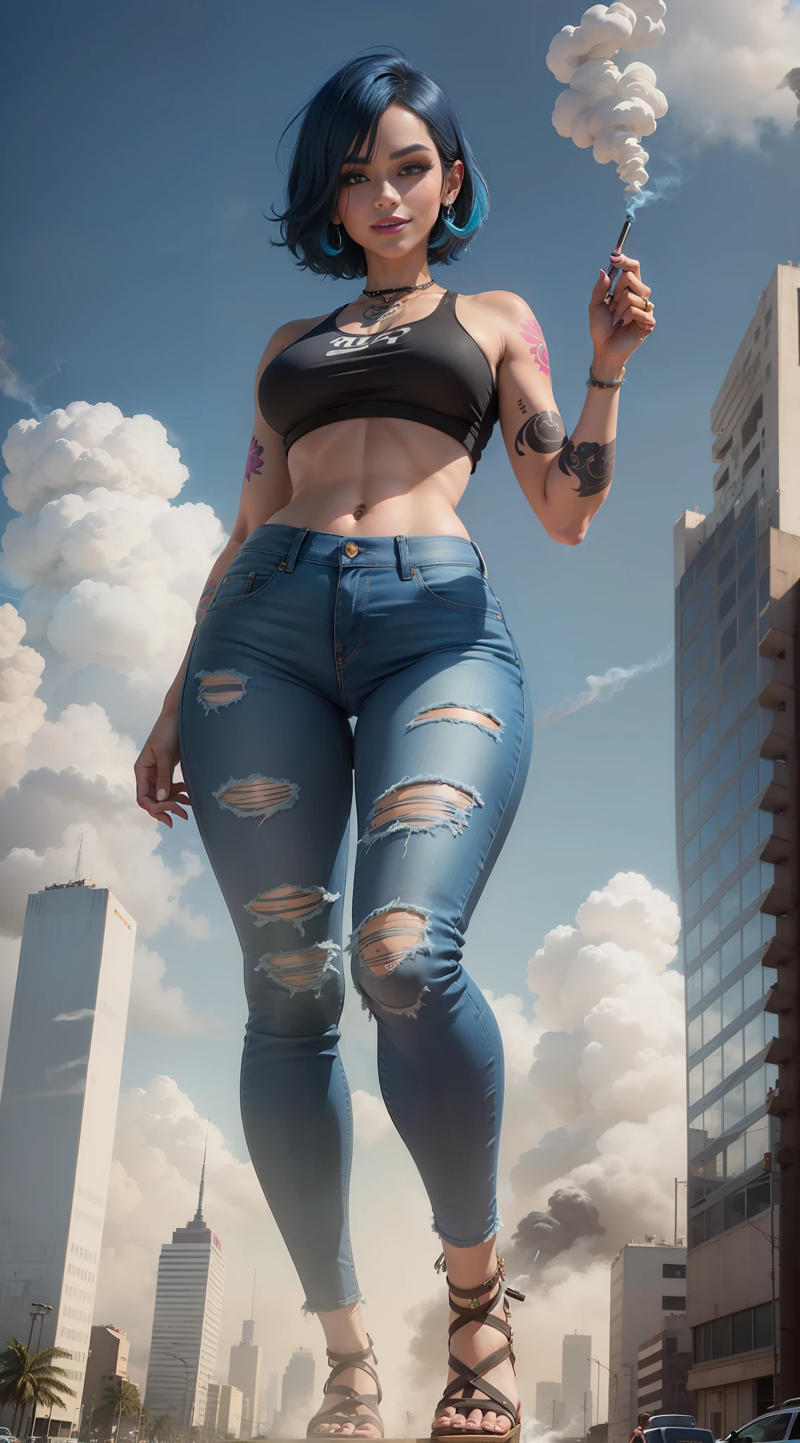 giant art, giant, crop top, jeans, hands raised, runied, city of brazil,destruction, short hair of blue color, bob cut, smoke, (((Towering over you)))), (full body), feminist, LGBT, colorful tattoos, hawaiian, heavy makeup, piercing, smiling, smoking cigarette, tanning, 500 meters high, low angle, bottom, raised foot