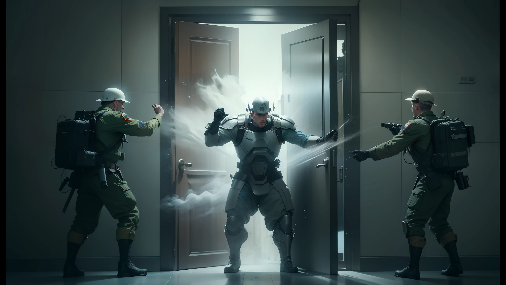 there are three men in uniform standing in front of a door, fabian wagner cinematography, vfx, juno promotional image, erwin olaf, vfx movie closeup, cinematic cgsociety, roger deakin ’ s cinematography, still from marvel movie, cgsociety 9, cgi special effects, cinematic still in adam | unity, promotional images, bigstudiovfx, 4 k hd film still --auto --s2