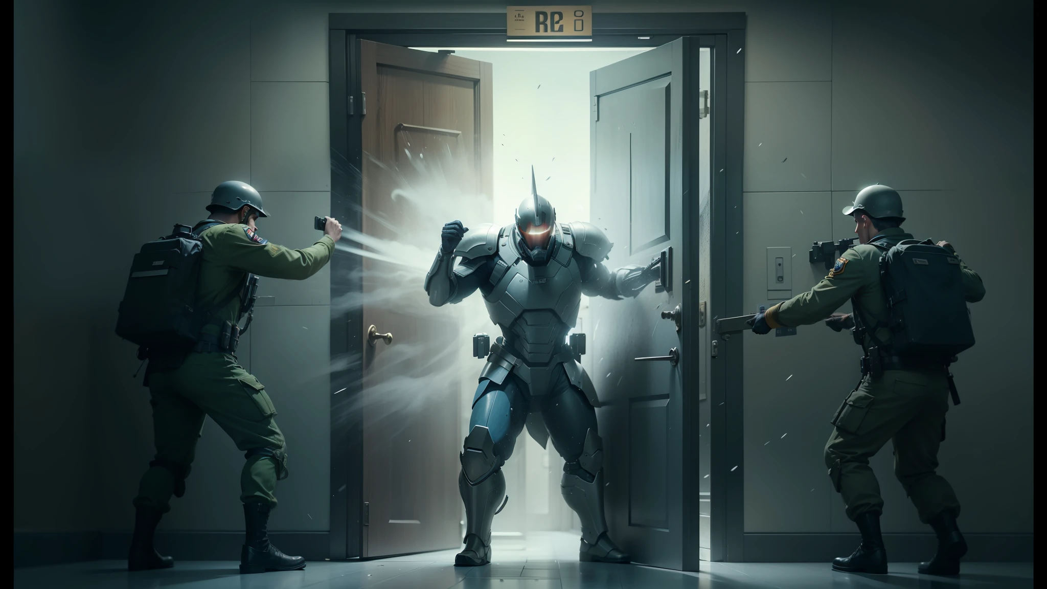 there are three men in uniform standing in front of a door, fabian wagner cinematography, vfx, juno promotional image, erwin olaf, vfx movie closeup, cinematic cgsociety, roger deakin ’ s cinematography, still from marvel movie, cgsociety 9, cgi special effects, cinematic still in adam | unity, promotional images, bigstudiovfx, 4 k hd film still --auto --s2