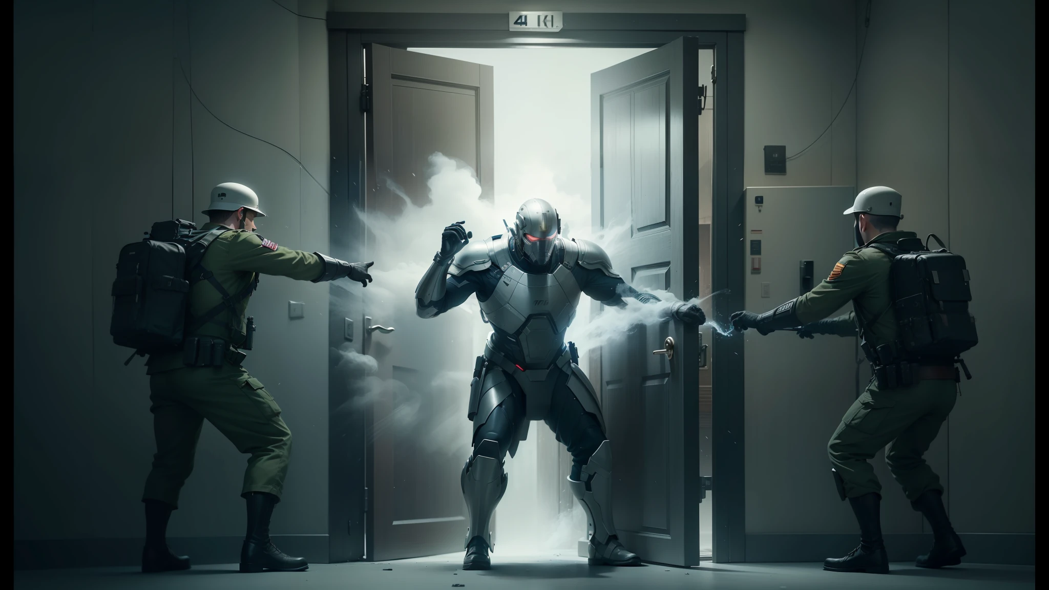 there are three men in uniform standing in front of a door, fabian wagner cinematography, vfx, juno promotional image, erwin olaf, vfx movie closeup, cinematic cgsociety, roger deakin ’ s cinematography, still from marvel movie, cgsociety 9, cgi special effects, cinematic still in adam | unity, promotional images, bigstudiovfx, 4 k hd film still --auto --s2