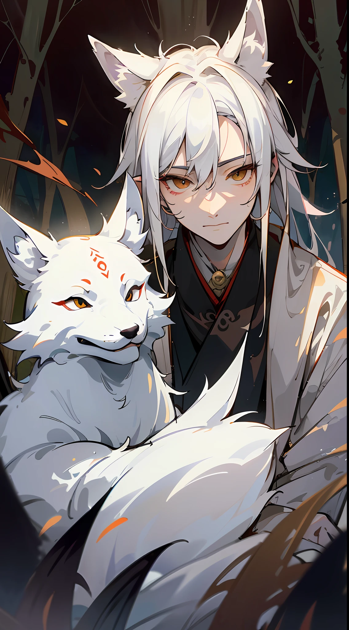 Masterpiece, Excellent, (Chinese Ink Painting), (Illustration), (((Huge White Fox Goblin Stands in Front of a Teenager))), Mature Man, Chinese Style, (Ancient Chinese Man), (White Fox and White Haired Boy), , Silver Hair, (Messy Hair), (White Hair), (Fox Ears), Handsome, (White Ancient Chinese Clothes), ((Fluttering Leaves)), A Little Red Eyebrows, (Night), Hiroshi Yoshida, Close Up, (Forest Background), (Chiaroscuro)), Fine Facial Details, Facial Details, Cinema Lighting, (Depth of Field), UHD,
