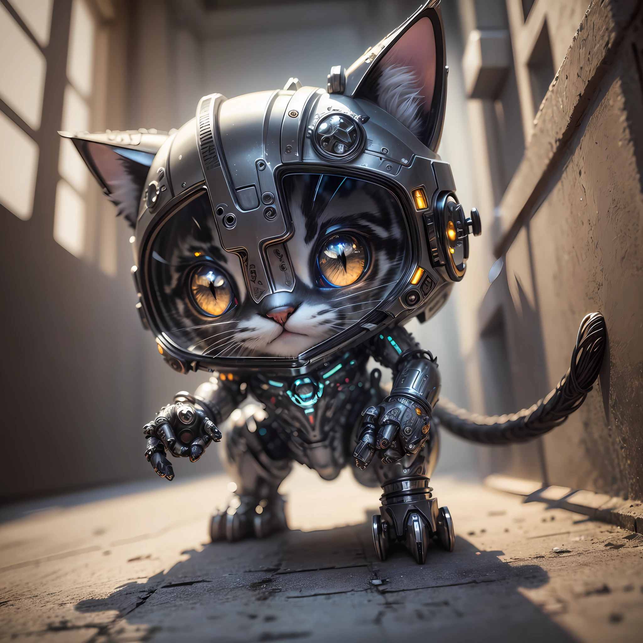 A cute kitten made of metal, (cyborg:1.1), ([tail|detailed wire]:1.3), (intricate detail), hdr, (intricate detail, hyperdetailed:1.2), cine footage, halo shadow, centered --auto --s2