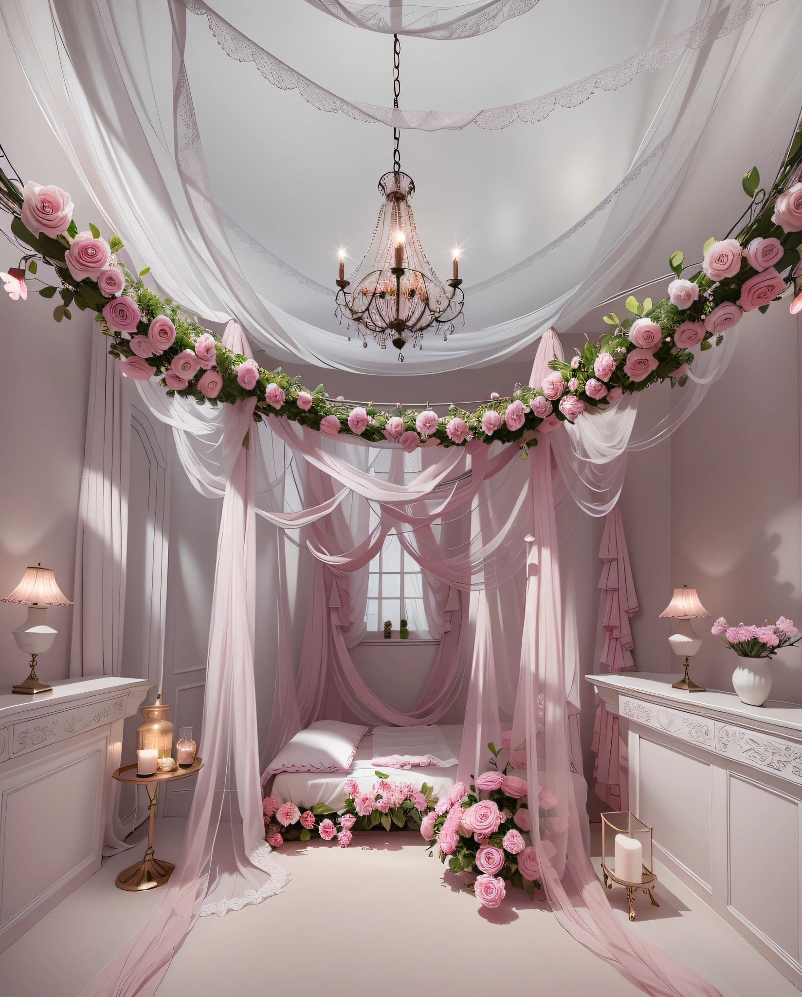There is a room with beds covered with pink and white flowers, fantastic atmosphere and drama, soft and ethereal lights, ethereal light color scheme, dramatic fantastic lights, very magical and dreamy, fantastic atmosphere, beautiful dream lights, ethereal and dreamy themes, Mark Adamus, magical colors and atmospheres, fantasy gorgeous lights, soft lights, dreamy and meticulous, pink yarn,