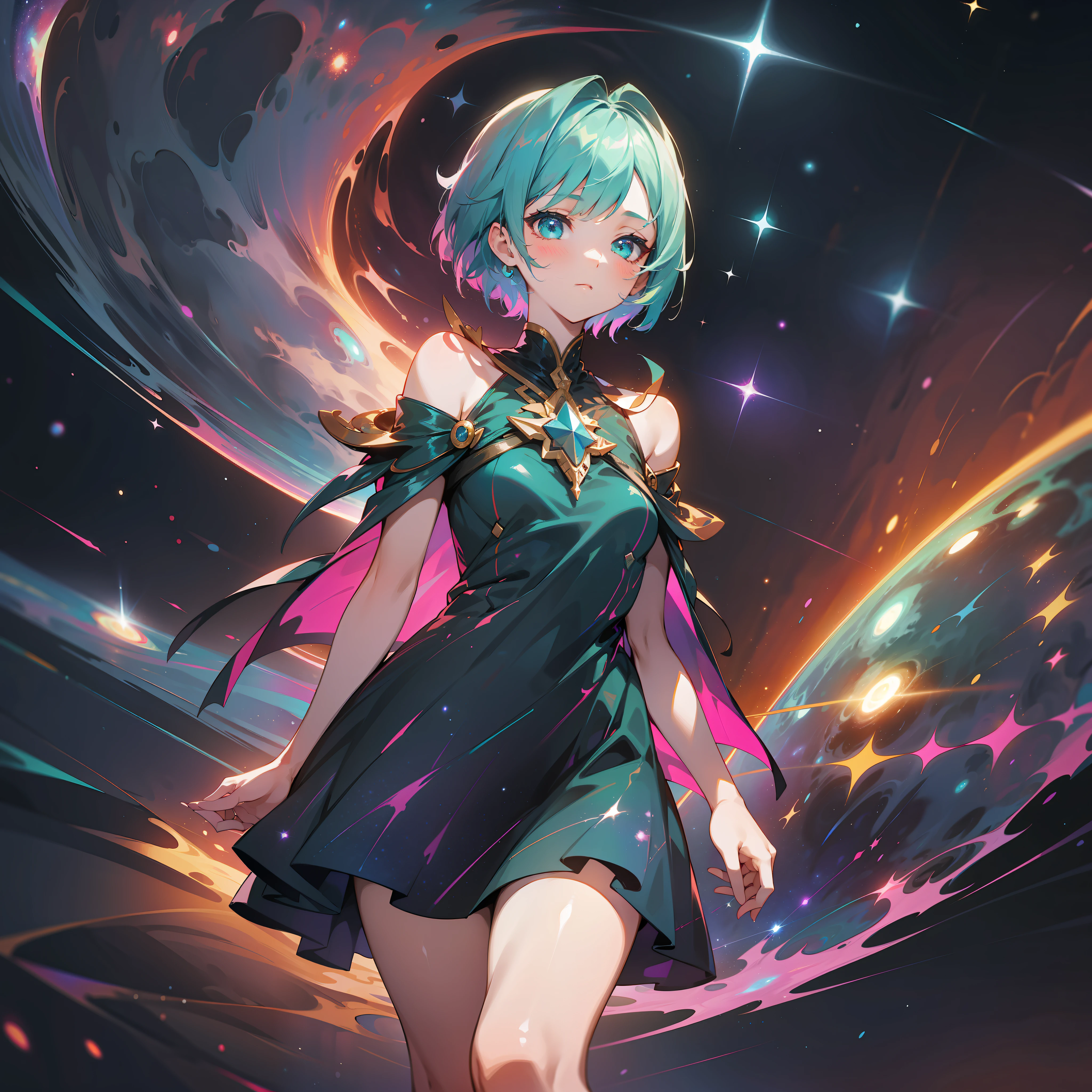 a girl, wildly colored short hair, dark fantasy, teal simple and short dress, cosmic nebula background, stars, galaxies
