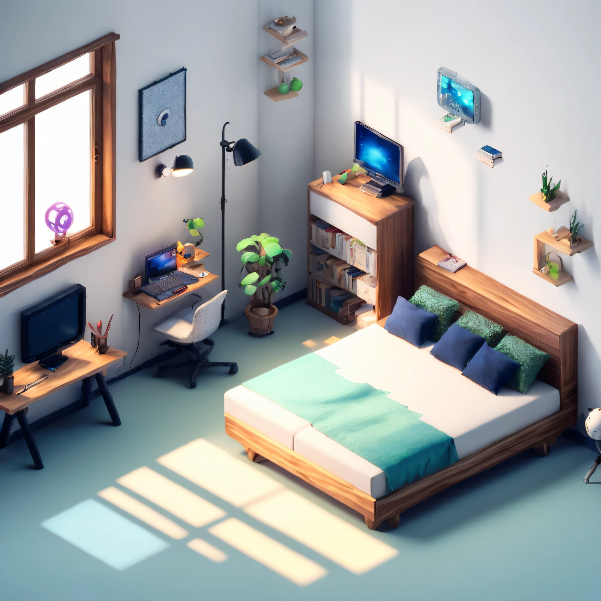 (Isometric perspective:1.5),(Pixar style:1.2), Room, bed, sofa,(small bonsai:0.8),desk lamp, TV, mural, 3D,Disney,Panoramic photo,White background, solid background,Global illumination, raytracing, modeling,HDR,octane render,unreal render,behance,dribbble,artstation,best quality, 8k,