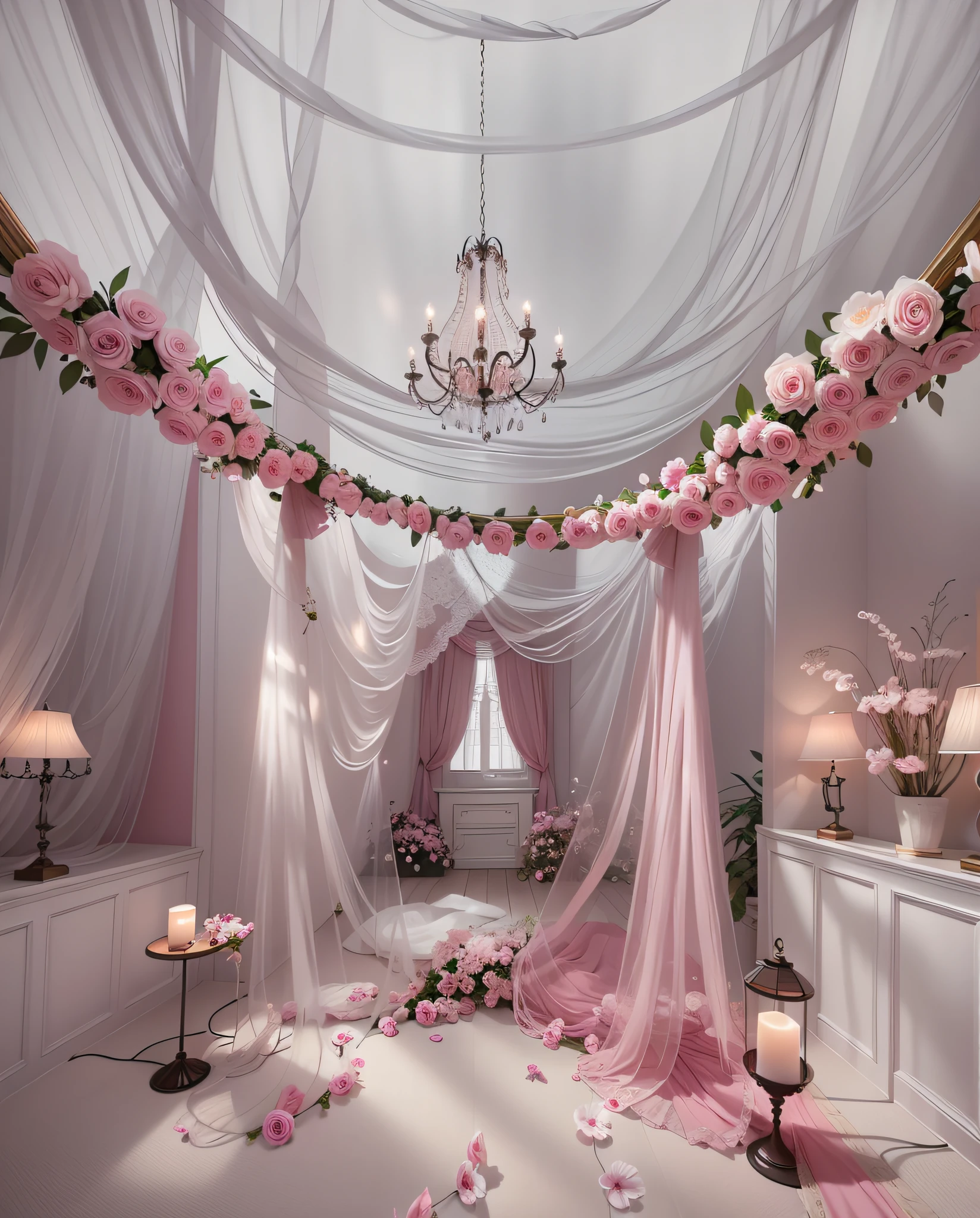 There is a room with beds covered with pink and white flowers, fantastic atmosphere and drama, soft and ethereal lights, ethereal light color scheme, dramatic fantastic lights, very magical and dreamy, fantastic atmosphere, beautiful dream lights, ethereal and dreamy themes, Mark Adamus, magical colors and atmospheres, fantasy gorgeous lights, soft lights, dreamy and meticulous, pink yarn,