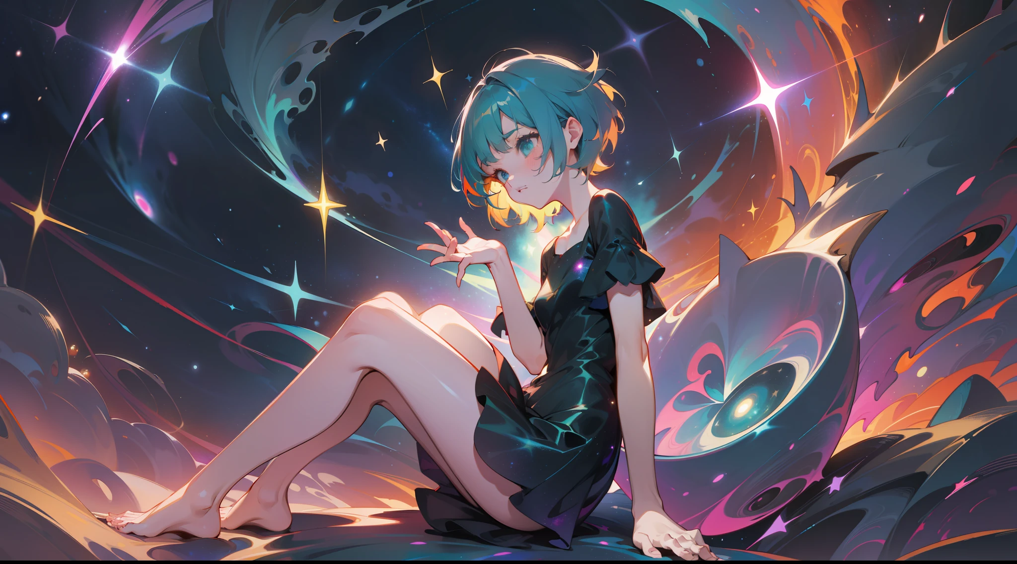 a young girl, wildly colored short hair, dark fantasy, teal simple and short dress, barefoot, cosmic nebula background, stars, galaxies