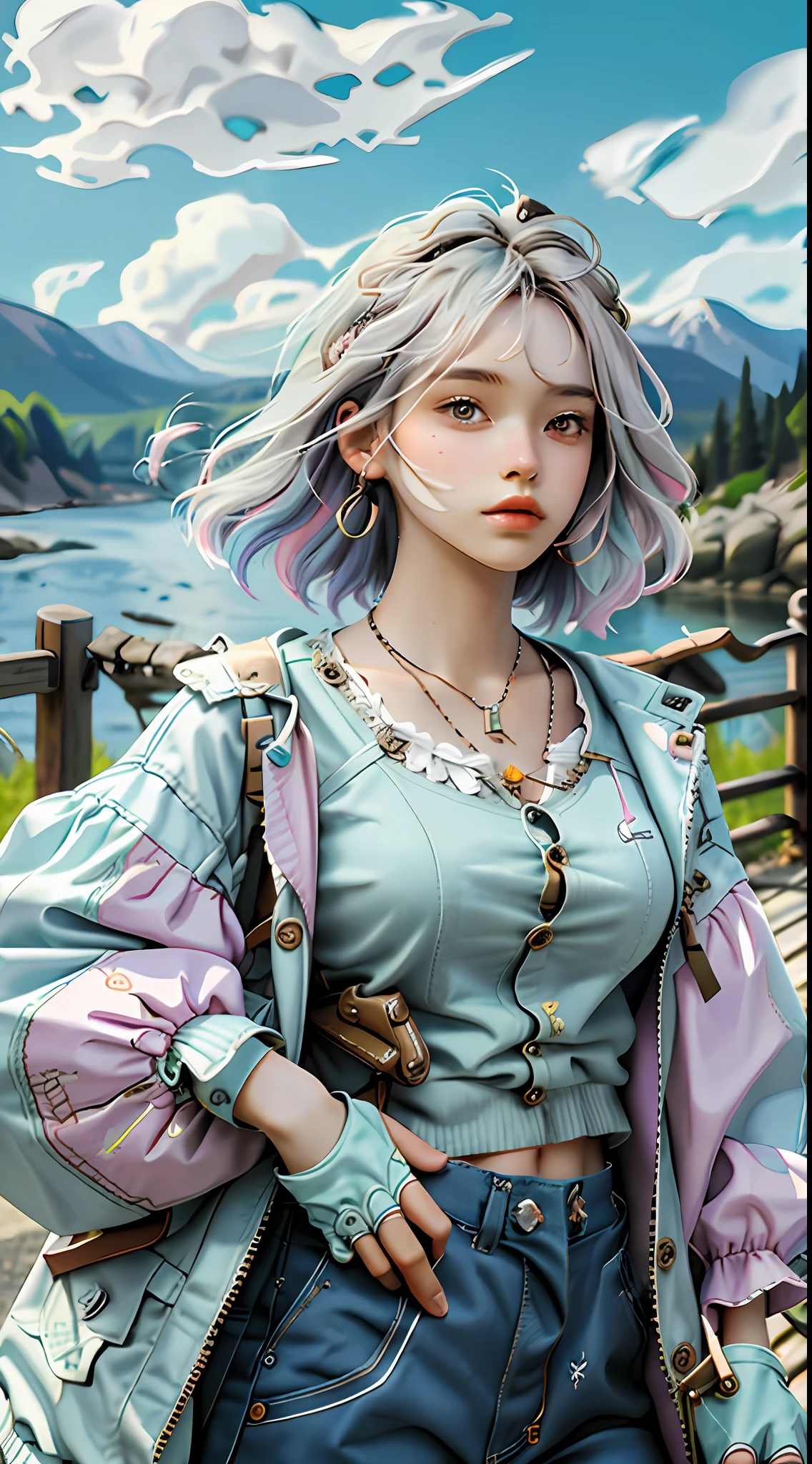 Masterpiece, best quality, spring clothing, colorful hair, outdoors, clouds, upper body, (do not show your hands)
