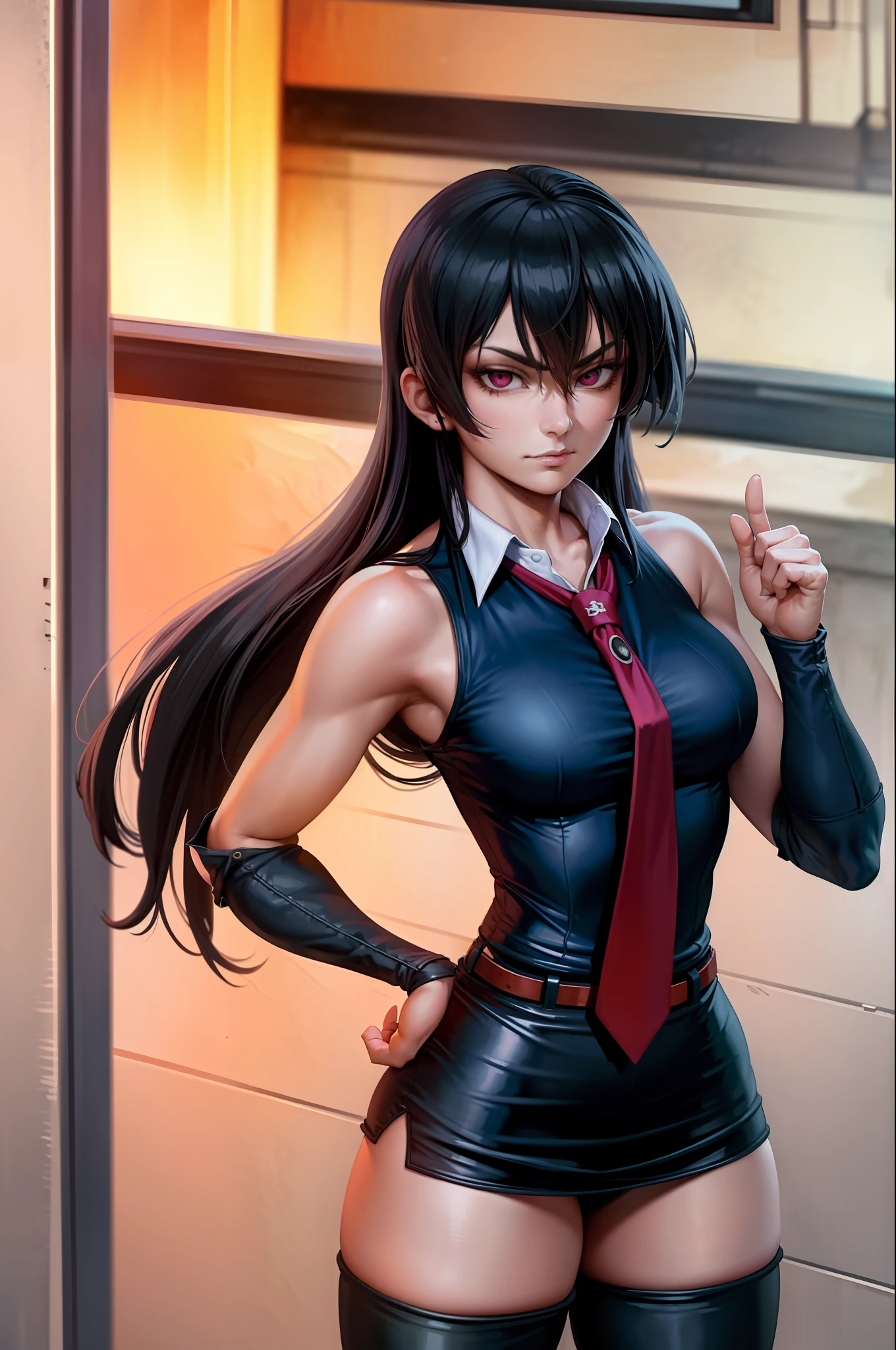 (masterpiece, best quality:1.2), cowboy shot, solo, 1girl, akame \(akame ga kill!\), expressionless, closed mouth, look at the viewer, black collared shirt, red tie, sleeveless, leggings, ass, wide hips