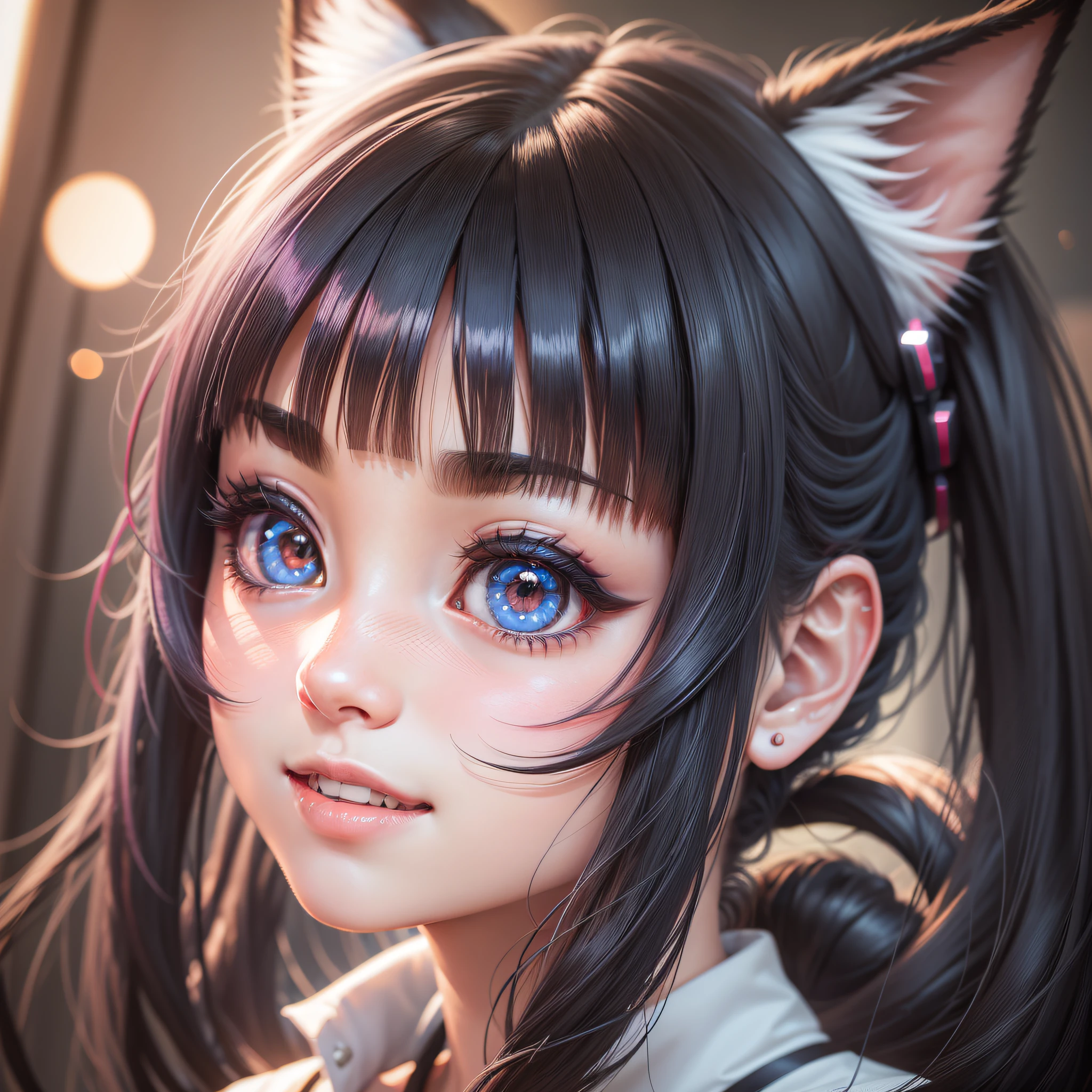 black hair, hair bobbles, wince, longeyelashes, solid circle eyes, fake animal ears, light smile, ear blush, fang, Surrealism, drop shadow, anaglyph, stereogram, tachi-e, pov, atmospheric perspective, 8k, super detail, ccurate, best quality