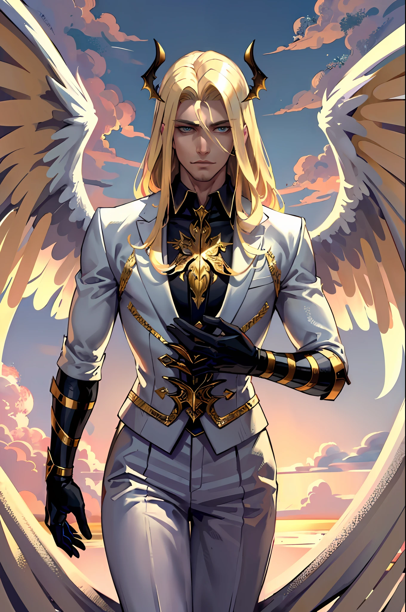 ((masterpiece, best quality)), 1guy, fallen angel Lucifer, very handsome, blonde and medium hair, thin, huge and beautiful wings on the back, in white clothes, evil expression, looking at the viewer, golden clouds in the background