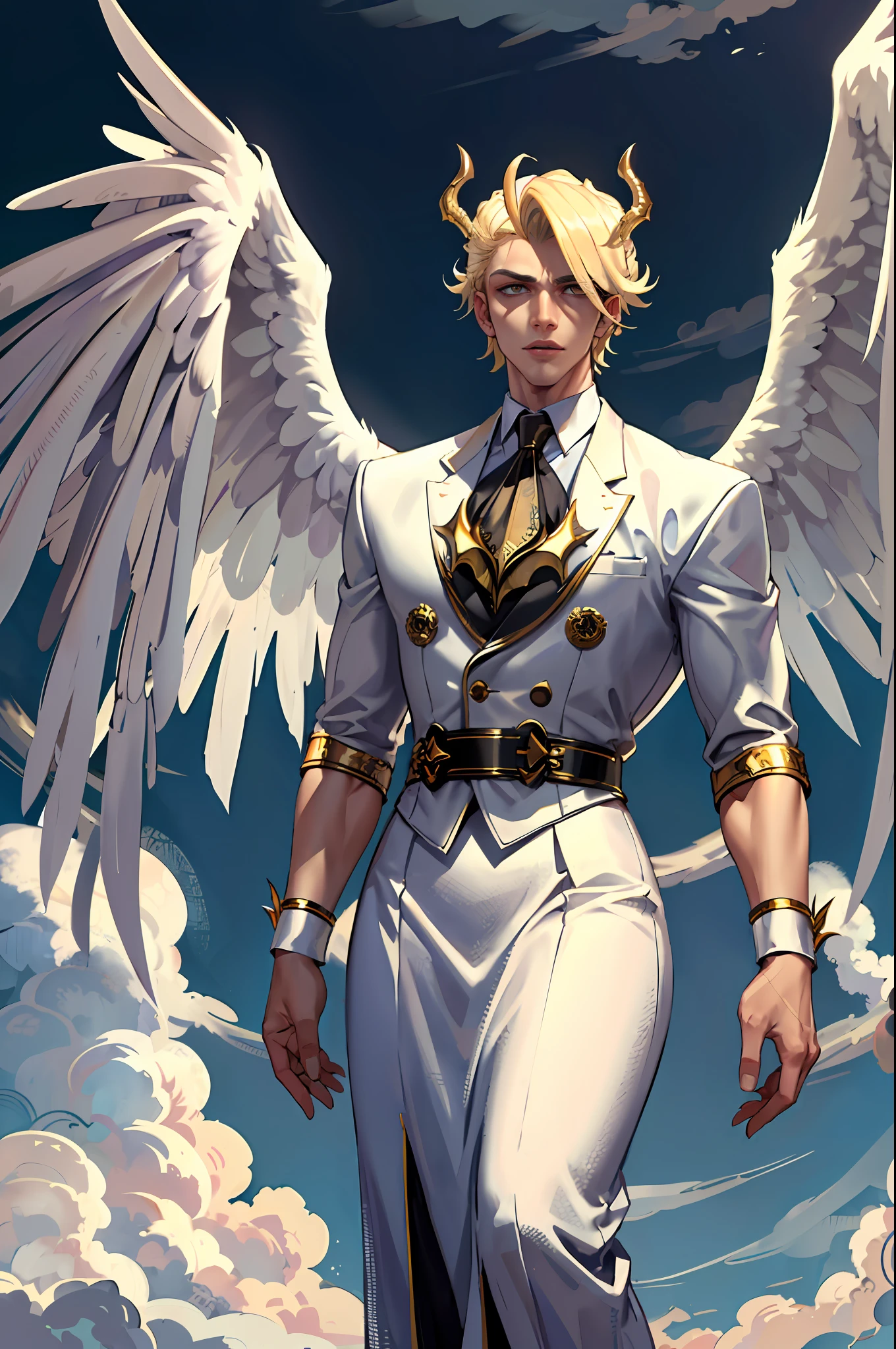 ((masterpiece, best quality)), 1guy, fallen angel Lucifer, very handsome, blonde and medium hair, thin, huge and beautiful wings on the back, in white clothes, evil expression, looking at the viewer, golden clouds in the background