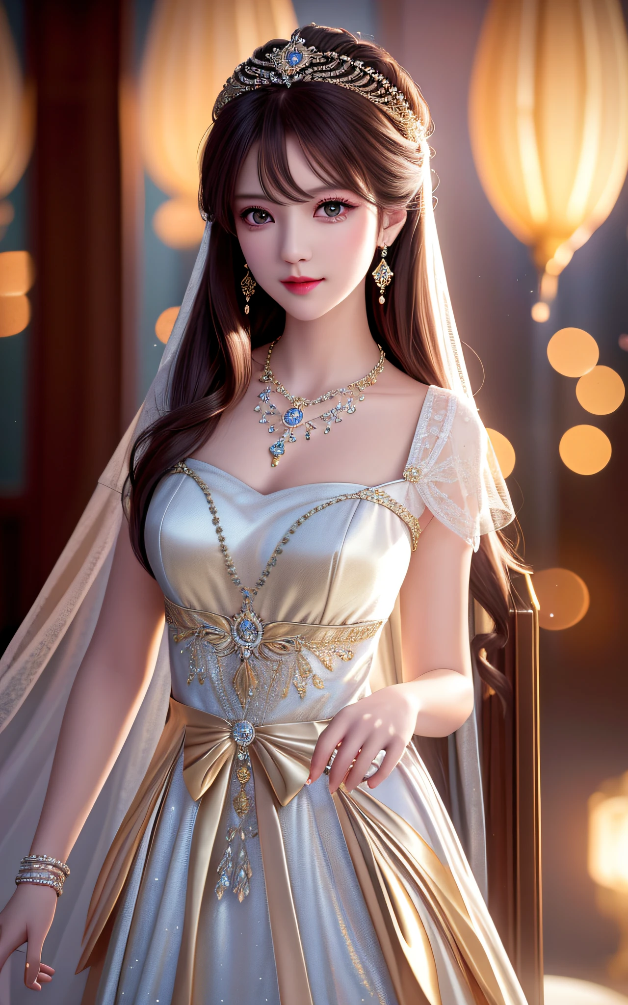 Best Quality, Masterpiece, High Resolution, 1girl, Evening Dress (Noble, Luxurious, Elegance, Sophistication), Hair Accessories, Necklace, Jewelry, Beautiful Face, upon_body, Tyndall Effect, Realistic, Dark Studio, Edge Lighting, Two-tone Lighting, (High Detail Skin: 1.2), 8k UHD, DSLR Camera, Soft Lighting, High Quality, Volume Lighting, Frank, Photo, High Resolution, 4K, 8K, Bokeh