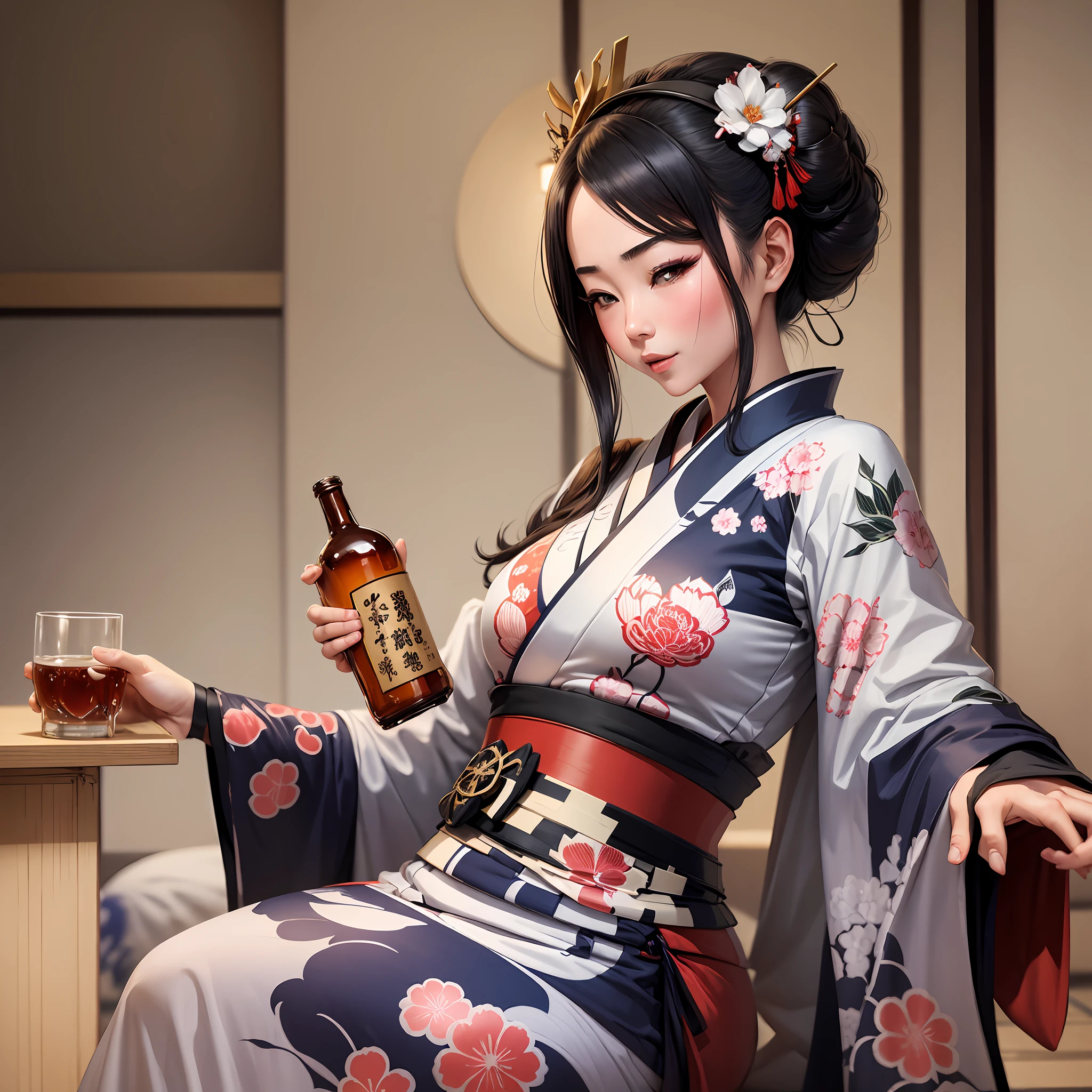 a label of an agraffa, like a sexy geisha, drinking sake, drunk and happy, holding a bottle in her hand, anime style, screen printing --auto --s2