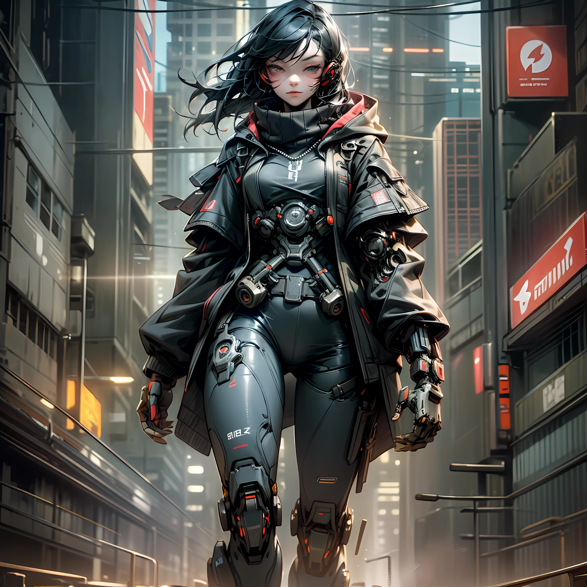 Dark_Fantasy,Cyberpunk, (Best quality, Masterpiece),1girl,close up shot, extremely detailed eyes, cyberpunk,Mechanical marvel,Robotic presence,Cybernetic guardian,wearing a cybernetic trenchcoat,facing forward, dynamic lighting, dynamic camera angle,city, highest quality digital art, Stunning art, wallpaper 4k, highly detailed,full body,holding a revolver