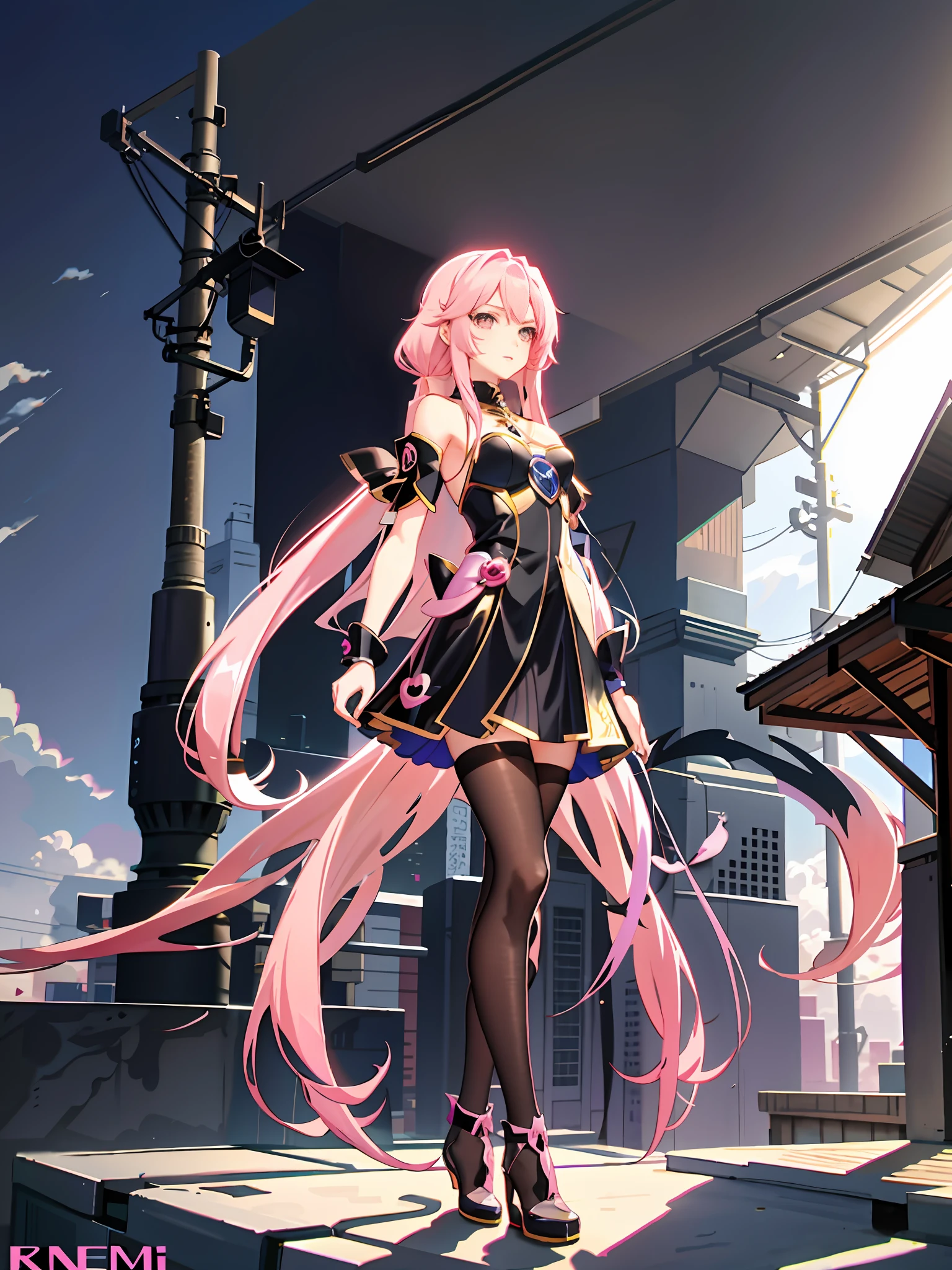 Pink gradient long hair anime girl, long hair anime girl, anime style 4 k, anime art wallpaper 8 k, anime art wallpaper 4 k, anime art wallpaper 4k, beautiful anime, anime wallpaper 4k, anime wallpaper 4k, beautiful fantasy anime, beautiful anime girl, 4k anime wallpaper, anime wallpaper, modern urban background, tall buildings, golden ratio figure, fleshy thighs, black silk fleshy, black over-the-knee stockings.