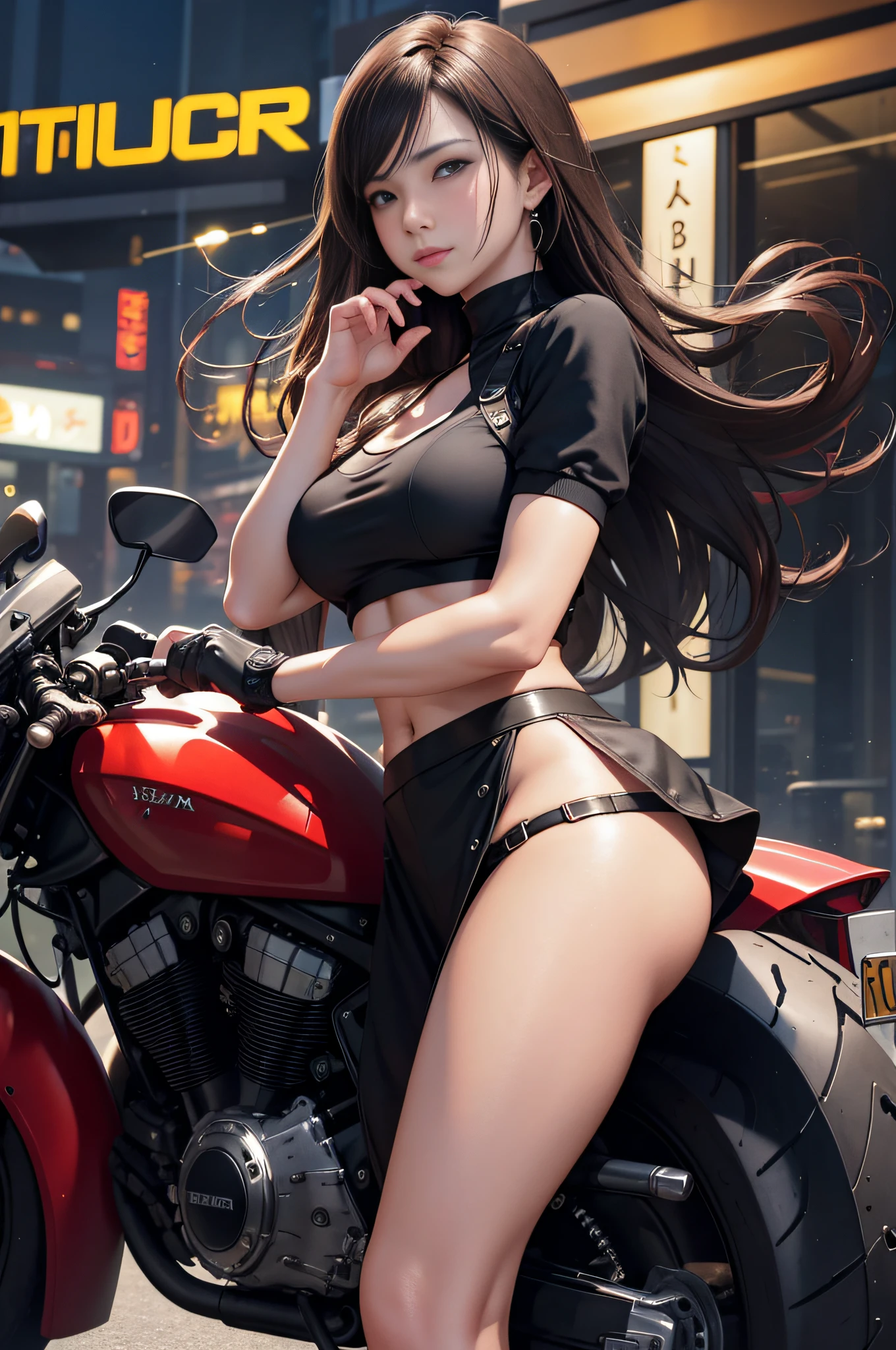 pureerosface_v1 ulzzang-6500 corneo_covering_breasts_one_arm, ass, (8k, best quality, masterpiece:1.2), (realistic, photo photorealistic:1.37), ultra-detailed, 1 girl, cute, solo, (tifa lockhart), (beautiful detail eyes), (smile: 1.2), (shut up), behind arm, neon signs, cityscape, depth of field, dark intense shadow, sharp focus, car, motion blur, motorcycle, depth of field, good composition, green glow, final fantasy vii, dating, (nose blush), single elbow pad, brunette hair, red shoes, muscular, abs, taut shirt, black skirt, thighs, full body, headrest, lips, pretty face, long hair with low neckline, (red_eyes)), yellow flowers, (evening:1.3), complex, bokeh, cinematic lighting, photon mapping, radiosity, physically based rendering, (Tetsuya Nomura style)